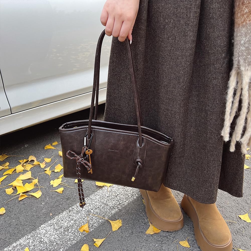 Vintage Shoulder Bag for Women,Trendy Y2K Slouchy Tote Bags Hobo Purse Bowler Bag Small Brown Fall Purse for 2025 - Image 3