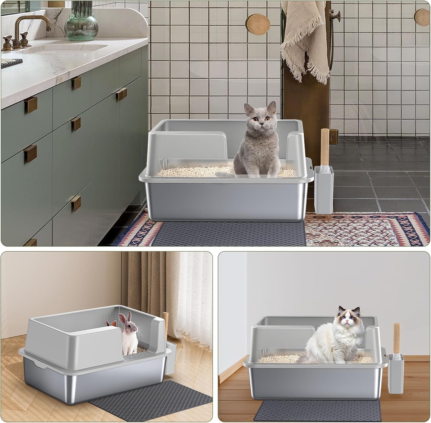 Gimars XL Stainless Steel Cat Litter Box 23.6x15.7x12.2in, Easy to Clean & No Odour Stainless 36L High Sided Steel Litter Tray, Leak-Proof Cat Litter Trays with Scoop & Mat