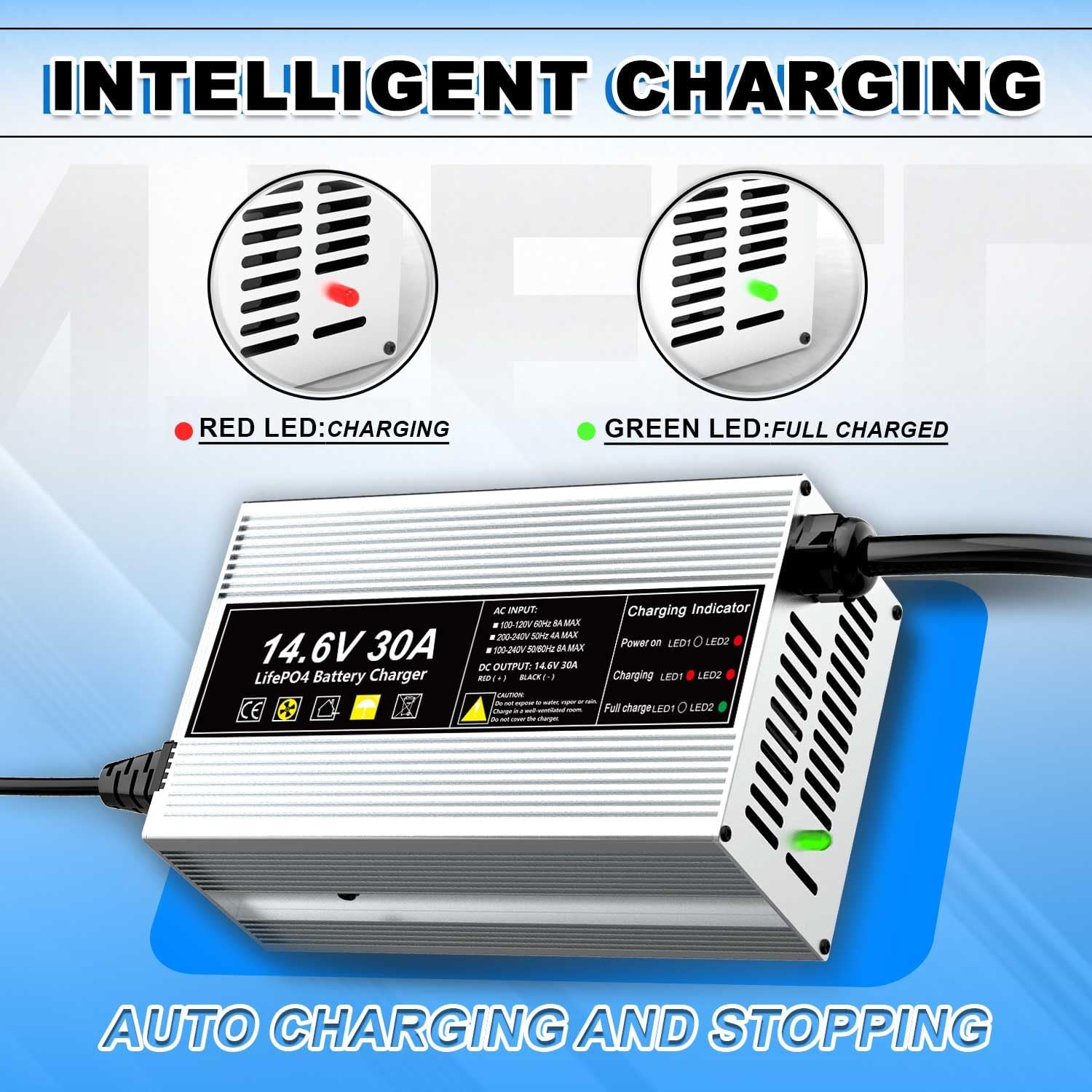 14.6V 30A LiFePO4 Battery Charger 12V 30A Rechargeable Charger for Lithium Iron Phosphate Battery