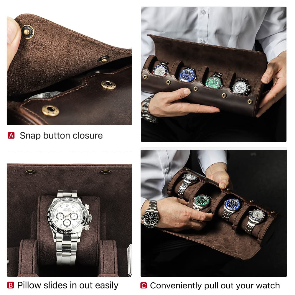 Porta Orologi Uomo, Scatola per Orologio Cilindrico a 4 Slot, Porta Orologi da Viaggio, Custodia Rotolo Portaorologi Portatile Scatola in Vera Pelle, Marrone