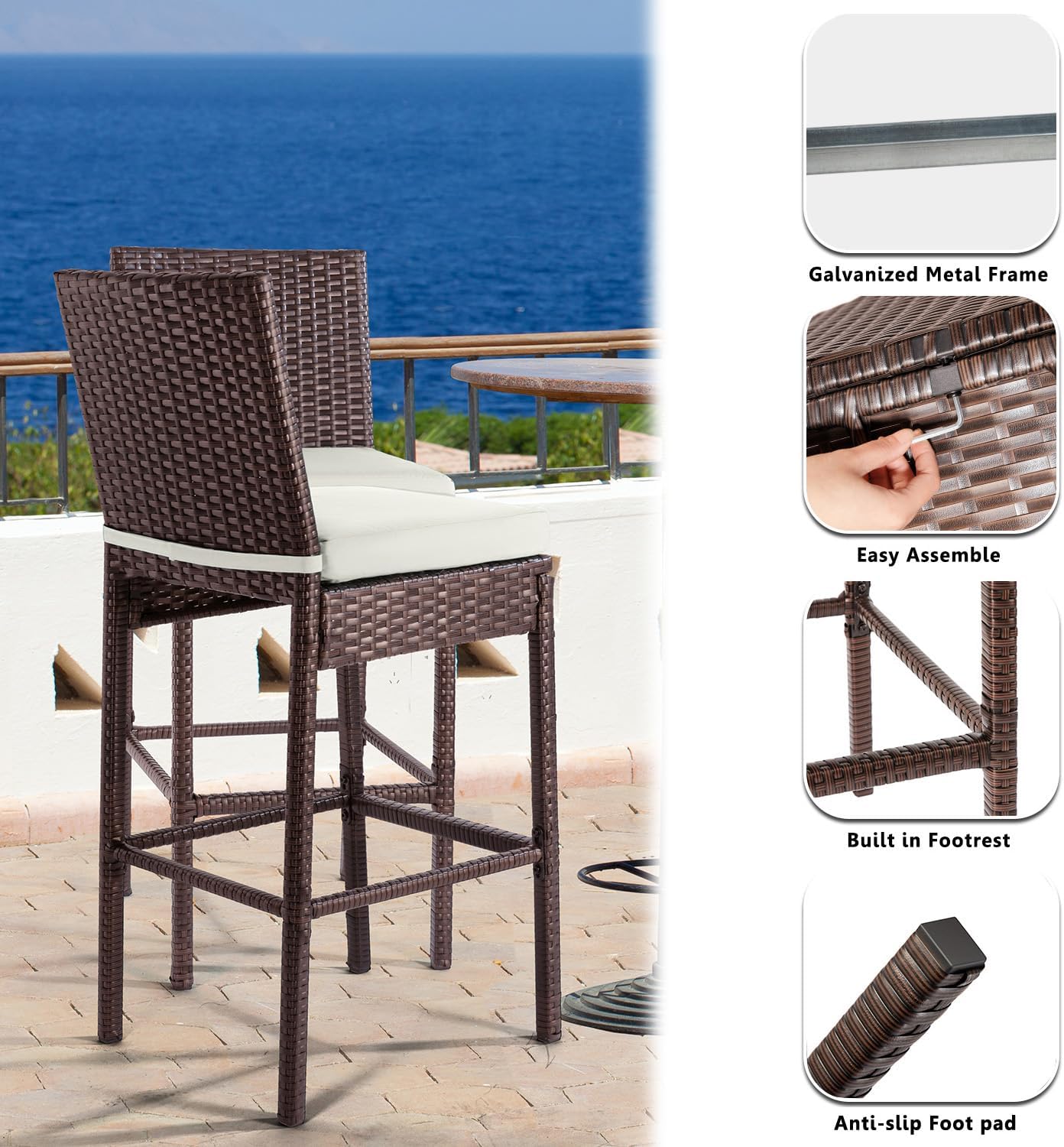 Outdoor Bar Set for Patio 3pcs Outdoor Bar Table and Chairs Set All Weather Bar Height High Top Outdoor Table and Chairs Wicker Bar Stools Set of 2 Tall Patio Table for Outside Balcony Brown (Beige)