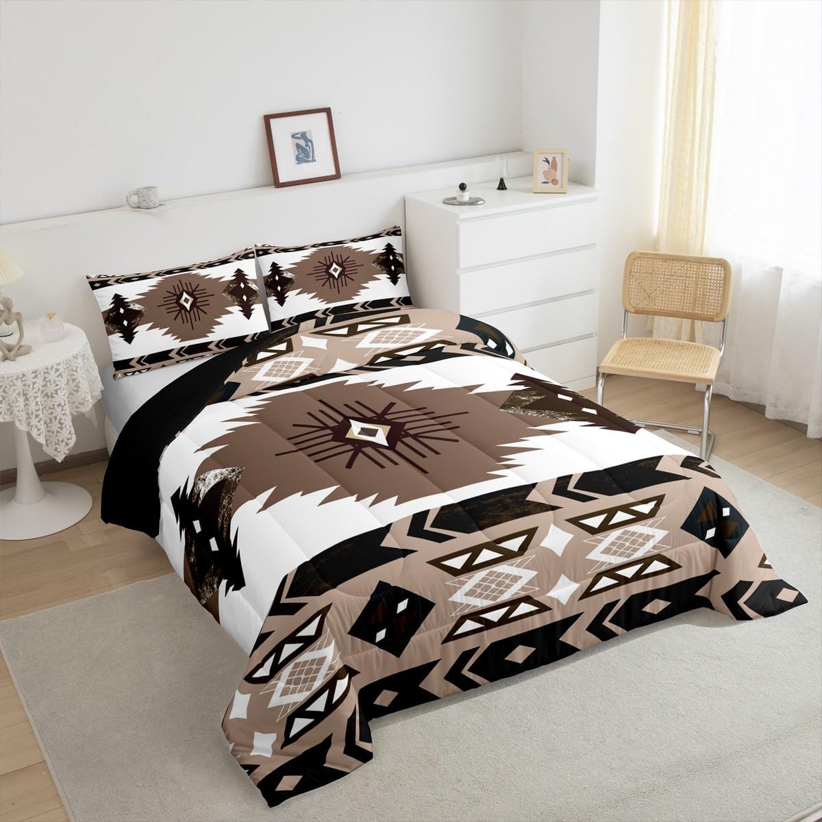 Erosebridal Western Decor, Boho Western Bedding Sets Queen, Vintage Exotic Indian Geometric Comforter Set Ethnic Tribal Arrow Quilt Aztec Duvet Insert Farmhouse Decor, White Brown