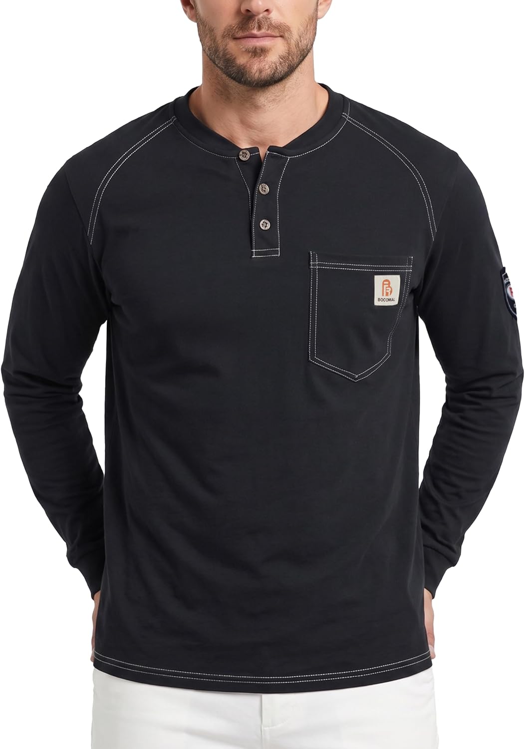 BOCOMAL Men's FR Henley Shirt Flame Resistant 5.5oz Cotton Long Sleeve Workwear UL NFPA2112 CAT2 Welding Tee