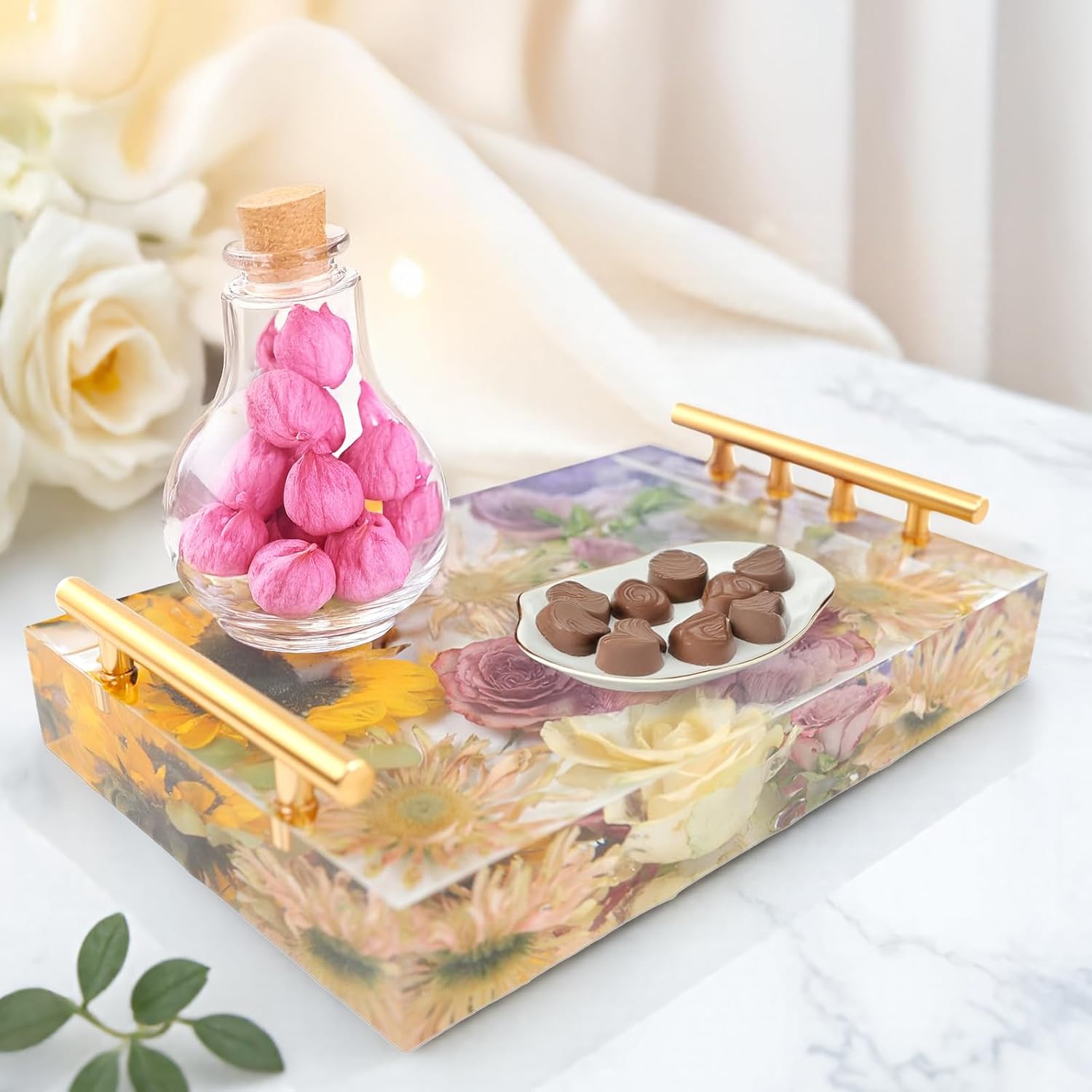 13.5"X9.5"X1.9" Large Silicone Tray Molds for Epoxy Resin, Deep Rectangle Tray Resin Mold with 4Pcs Gold & Silver Handles, Floral Preservation Bouquet Mold for DIY Art Home Decoration