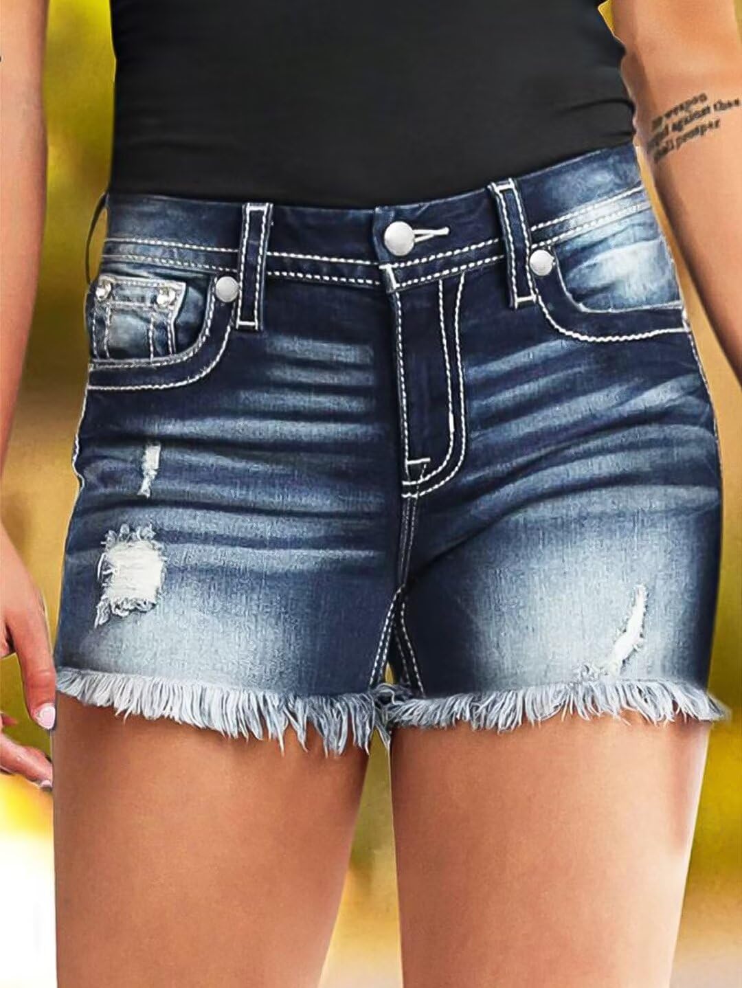 Flamingals Ripped Stretchy Jean Shorts for Women Raw Hem Low Waist Casual Trendy Denim Shorts - Image 2