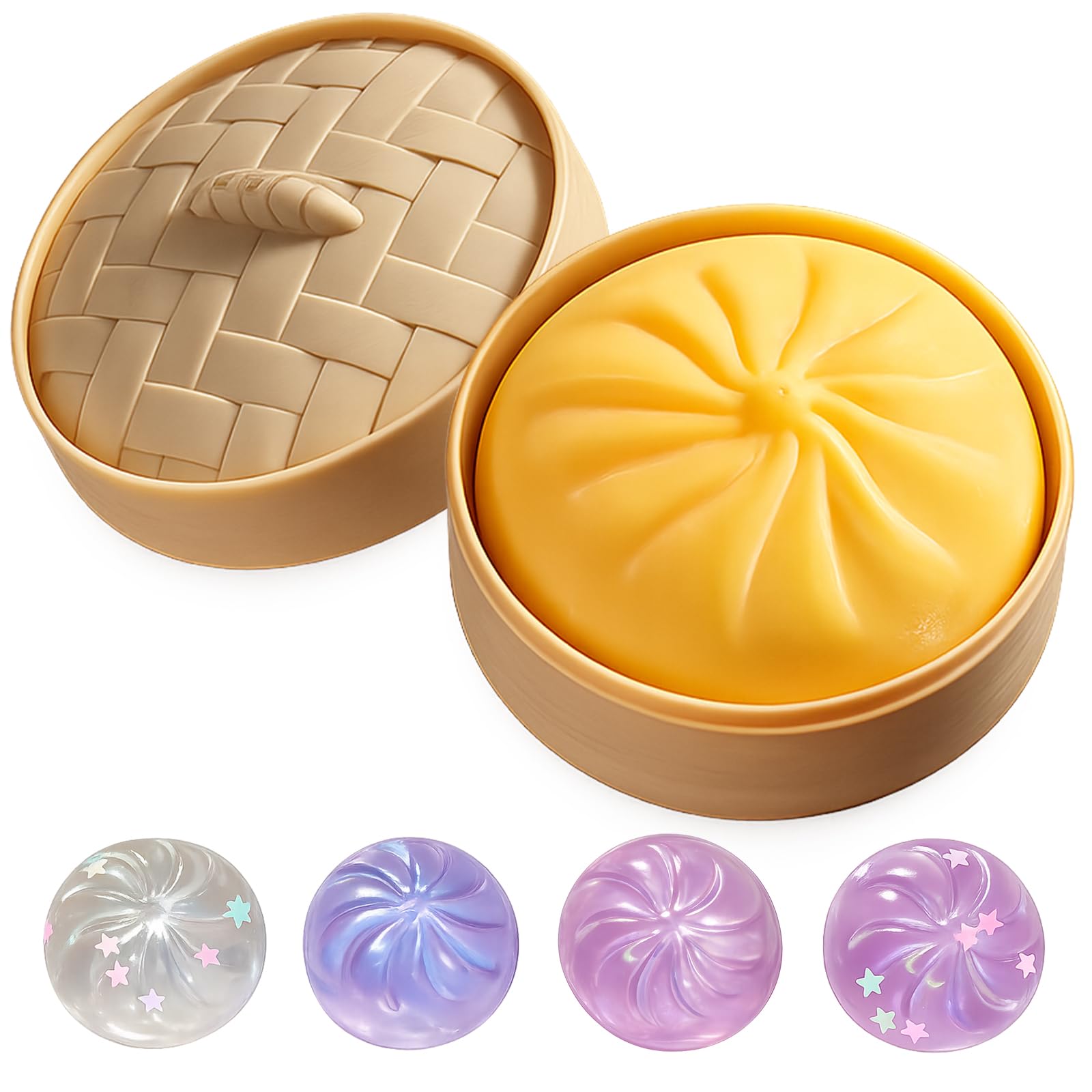 5 PCS Dumpling Squishy, SquishyDumpling, Dumpling Squishy Glitter Mystery, Mystery DumplingsSquishy, Yellow Steamer Bun and 4 Sparkling Crystal Buns, Focus Assistance Tools for Relaxation