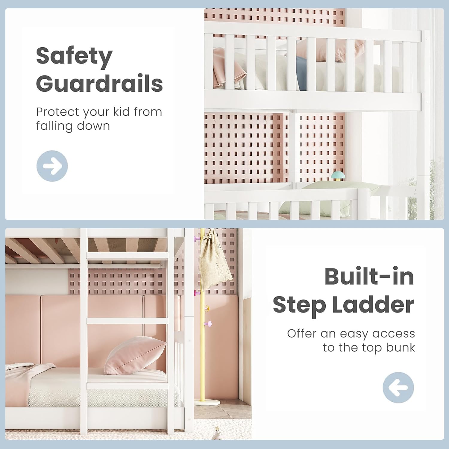 Triple Bunk Bed for Kids,Wood 3-in-1 Twin Bunk Beds, Convertible to 3 Separate Beds, Solid Rubber Wood Construction, Safety Guardrails & Dual Ladders,Space-Efficient Vertical Design,White