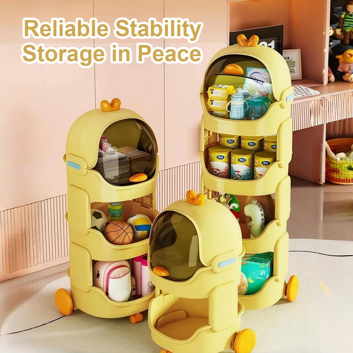 Space Duck Toy Storage Organizer with Wheels & Top Lid, 4 Tier Foldable Kids Storage Shelf, Stackable Rolling Cart with Brakes for Baby Nursery, Playroom, Bedroom
