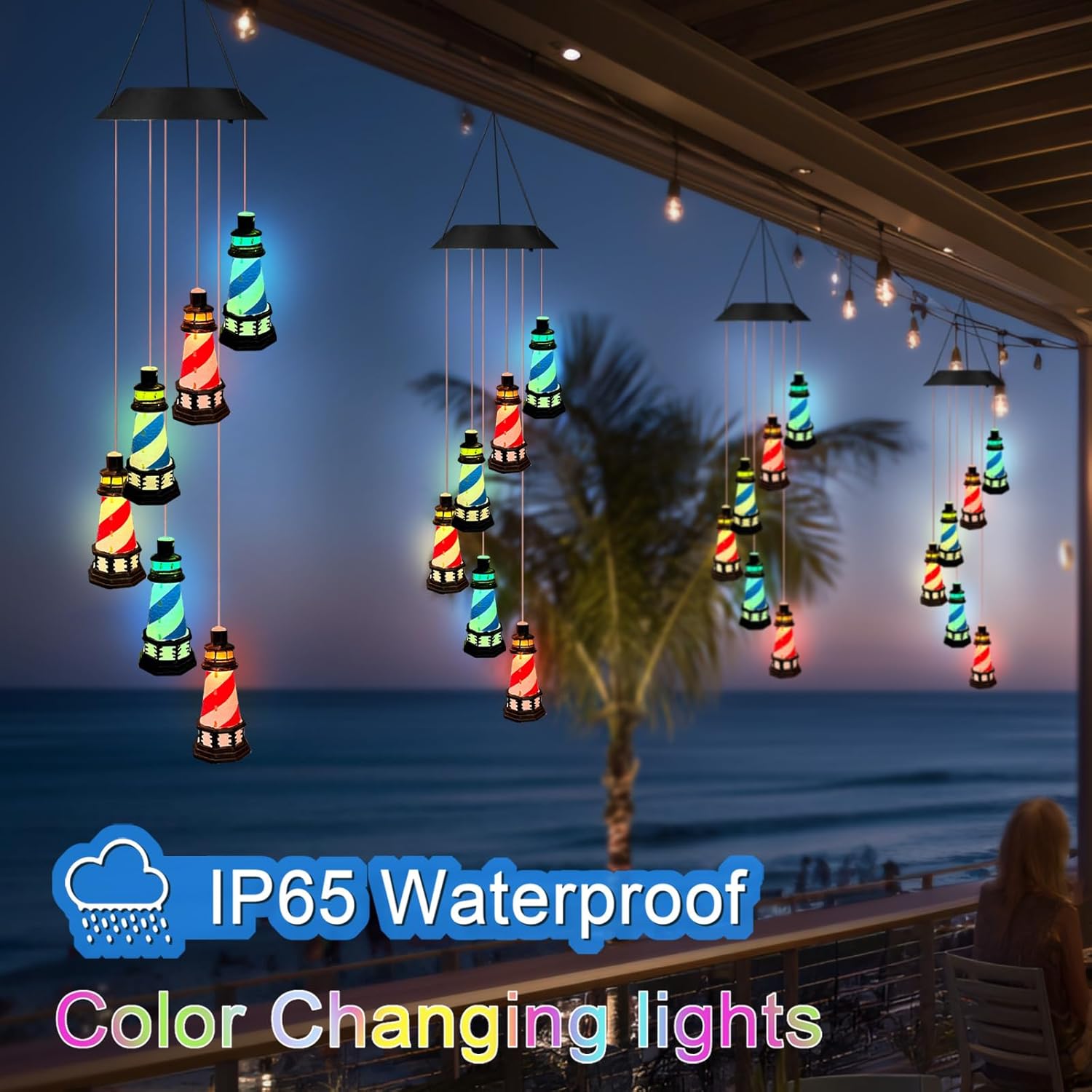 Solar Lighthouse Wind Chimes,YY Gardenia Hanging Lights Outdoor Garden Decoration,Lighthouse Gifts for Women,Yard,Outside,Porch,Patio