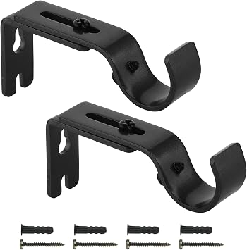 Cosmos Pack of 2 Adjustable Curtain Holder Wall Mount Bracket Hooks Drapery Rod Bracket with Screws (Black)