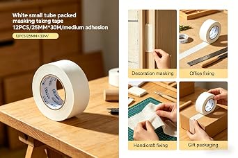 ASelected Premium Masking Tape 12 Rolls (25Mm X 30M) White Masking Tape Painting Tape for Painters, Decorators Professional DIY Use Painting Office Home Crafts and More