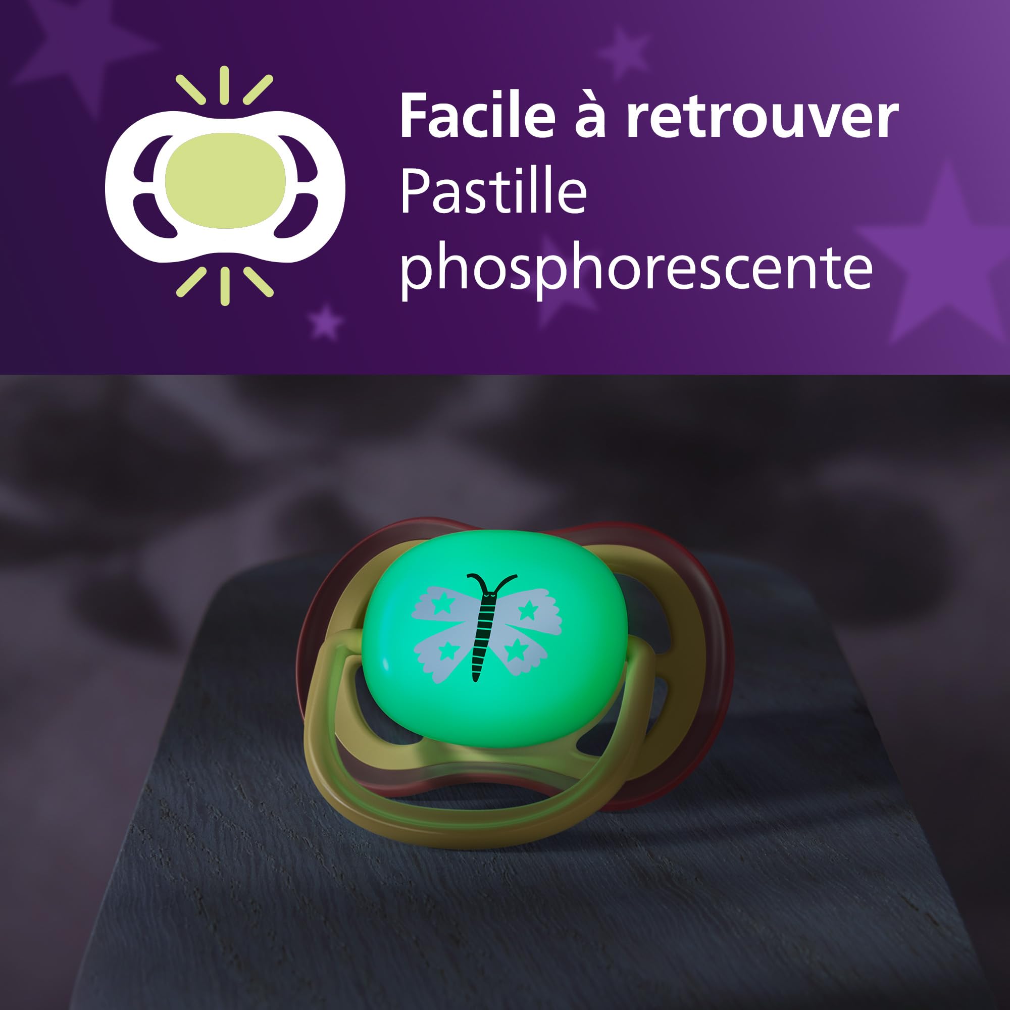 Philips Avent Sucettes de nuit ultra air - Tétines orthodontiques, pour bébés de 0 à 6 mois, phosphorescentes, en silicone souple d'origine végétale, sans BPA, lot de 2, SCF376/25