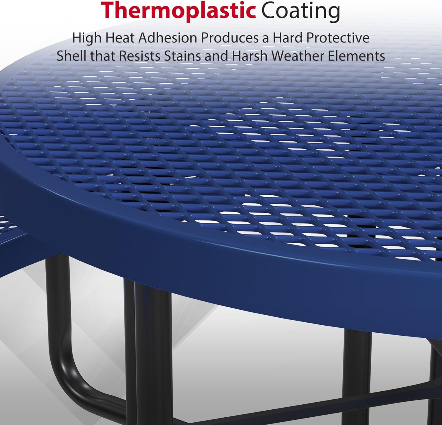Leisure Craft Metal Picnic Table with Bench - 46"" Round Outdoor Dining Table for 8 with Umbrella Hole, Weatherproof Heavy Duty Thermoplastic Coating, Commercial Grade Furniture Made in USA - Navy