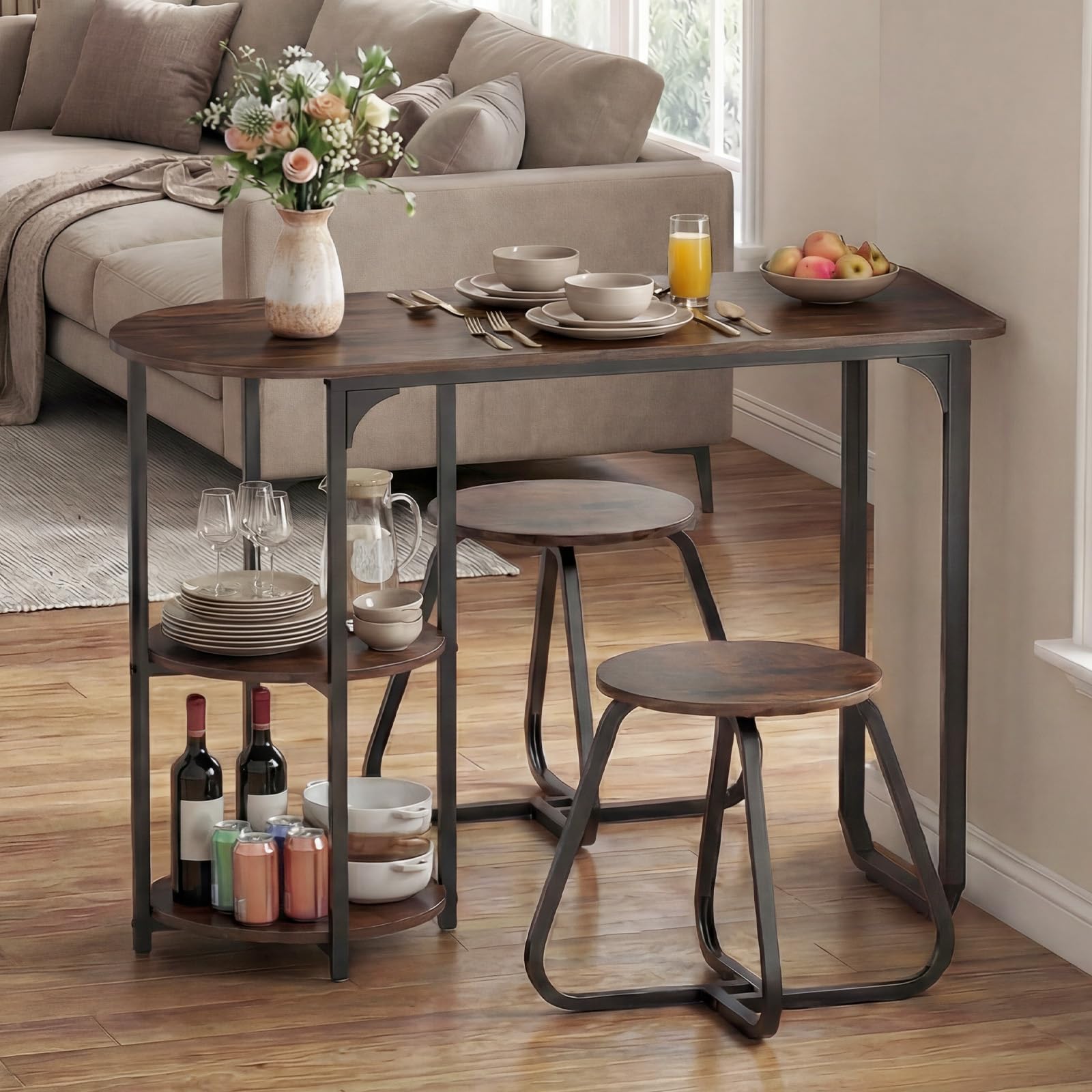 GIANTEX Conjunto de comedor con mesa y 2 taburetes, mesa de comedor con 2 estantes, mesa de madera de 110 x 45 x 78 cm, mesa de cocina rectangular para espacios pequeños, cocina, salón (marrón)