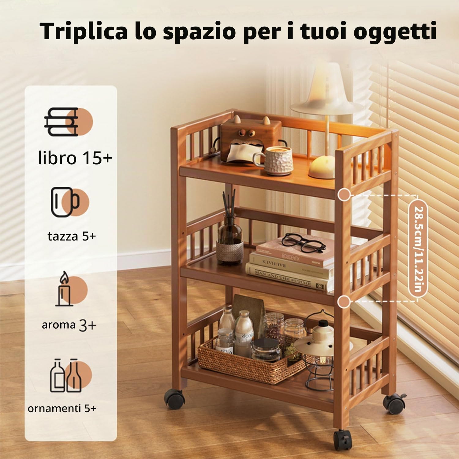 Carrello da portata con ruote, carrello da cucina in legno, 3 ripiani, carrello mobile multiuso per cucina, bagno, corridoio e balcone, carrello salvaspazio