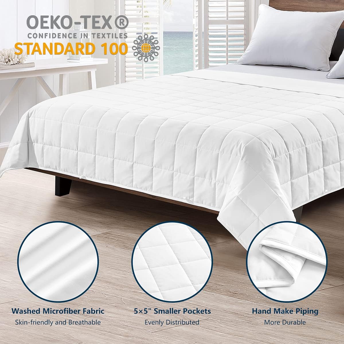 CozyLux Queen Weighted Blanket White 15 Lbs with Removable Cotton Duvet Cover(60"x80") Oeko-TEX Certified with Premium Glass Beads, Heavy Blanket and Washable Cover