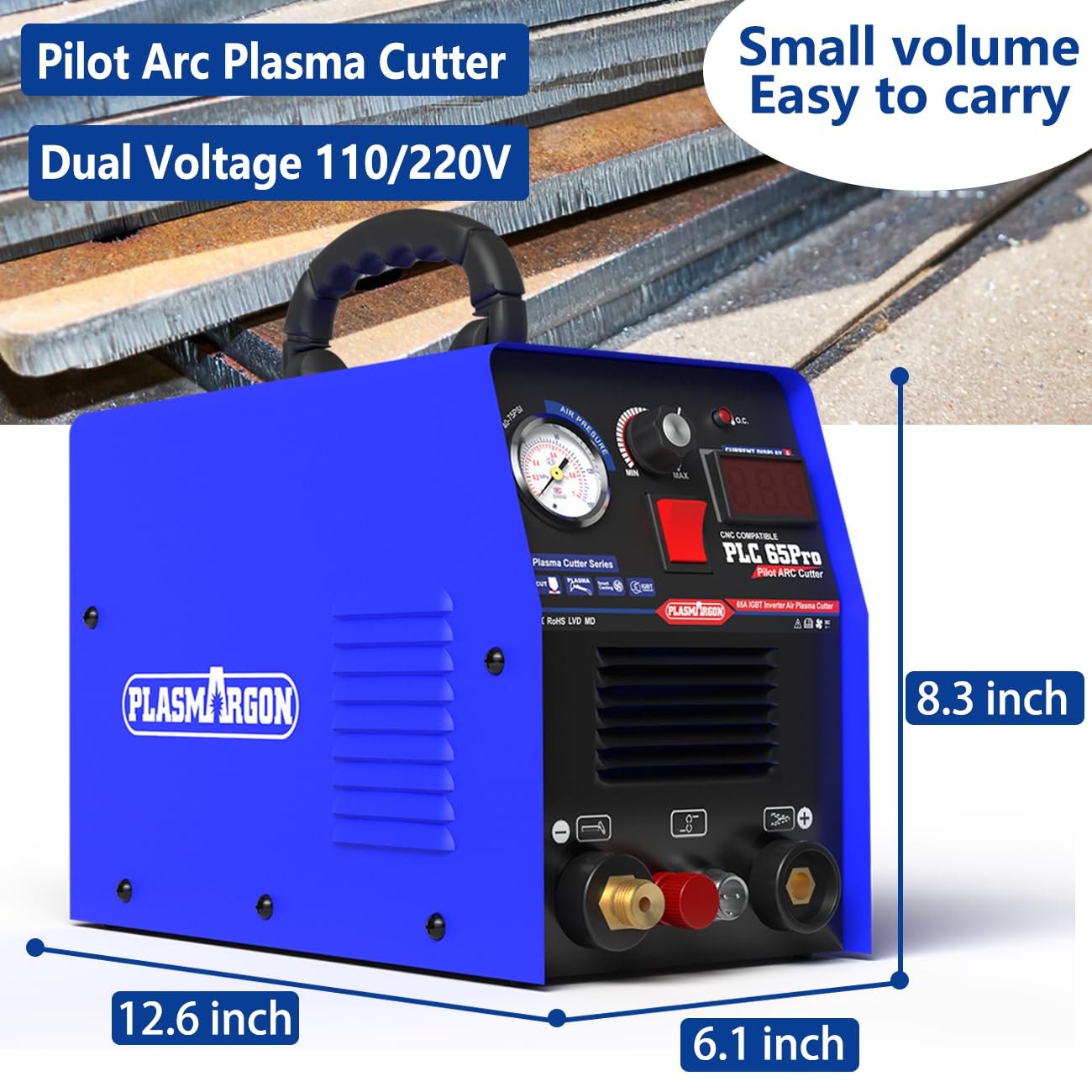 Pilot Arc Plasma Cutter PLC65P 65A Máquina de corte de plasma Dula Voltaje 110/220V Tecnología IGBT Cortador de plasma no táctil P80 Touch 3/5 Clean Cut