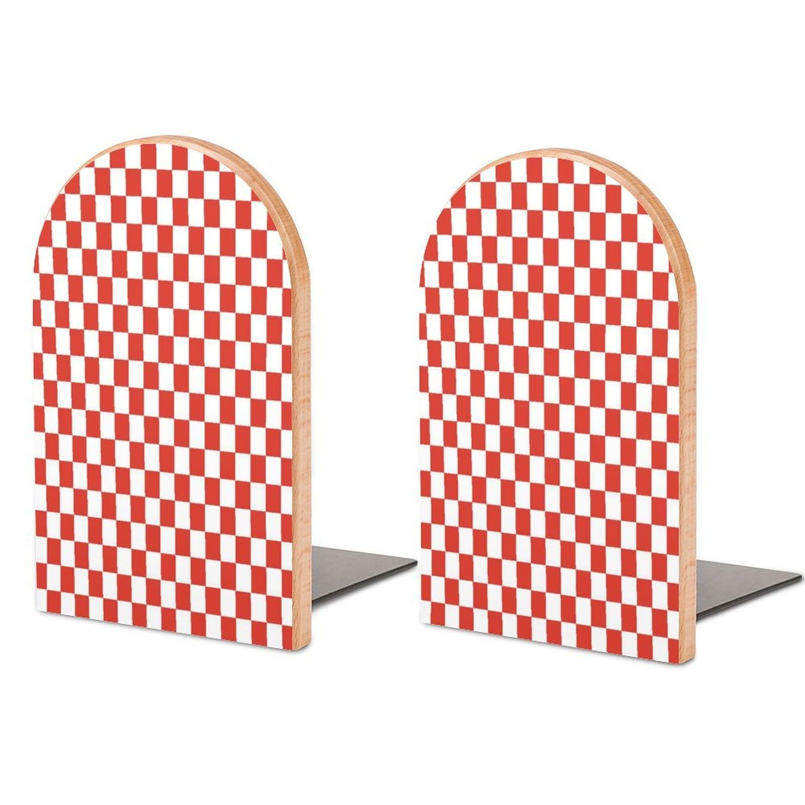 Red and White Checkered Beech Wood Bookends Heavy Duty Book Organizers Desktop File Holder for Office Home Bookshelf