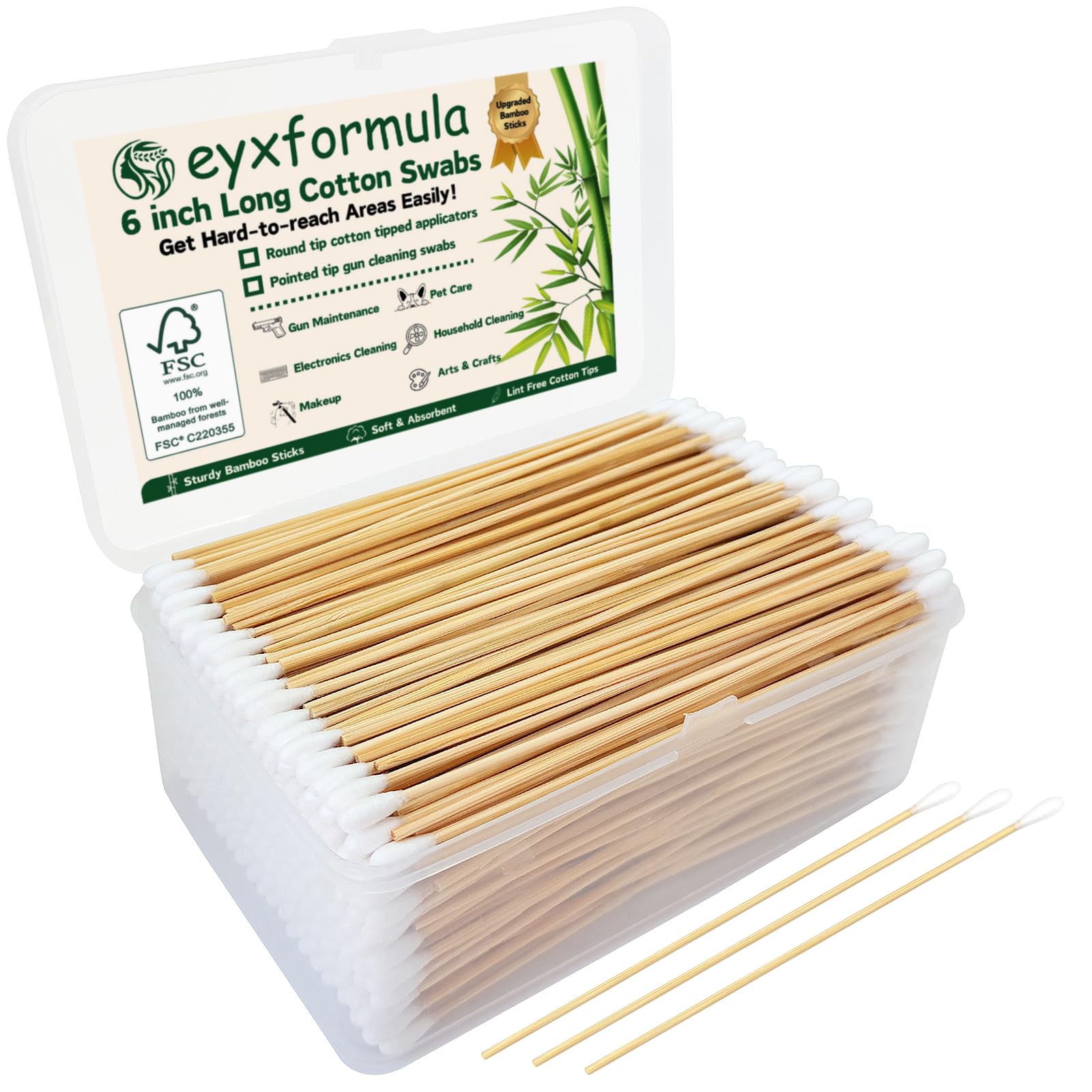 Eyxformula 500 PCS 6 Inch Long Cotton Swabs with Upgraded Sturdy Bamboo Sticks Lint-Free Sufficient Cotton Tipped Applicators