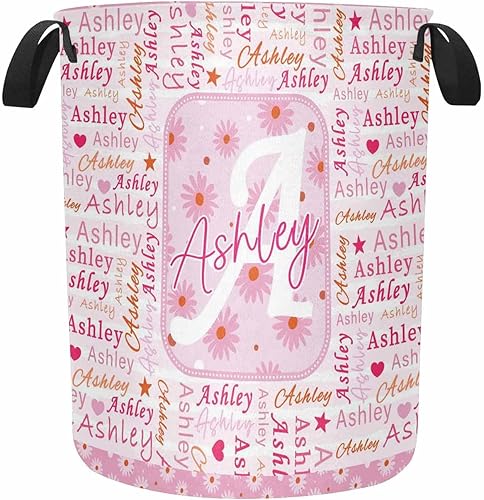 MyPupSocks Cesta de lavandería personalizada con asa, cesta de almacenamiento personalizada con nombre, estrellas y flores rosadas, cesta de