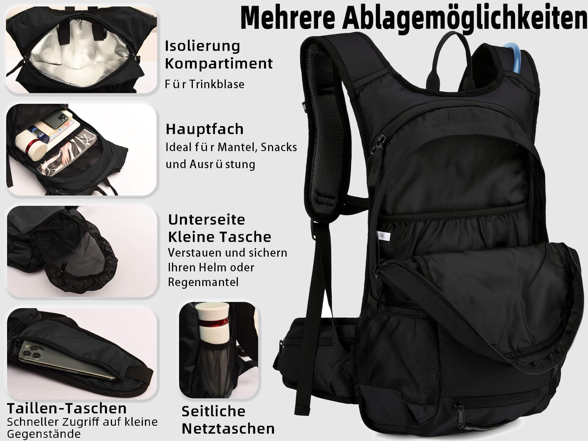 Trinkrucksack Fahrrad Rucksäck mit Trinkblase 2l, Thermofach, Wasserdicht Skirucksack Wasserrucksack für Wandern MTB Skifahren Snowboard Motorrad