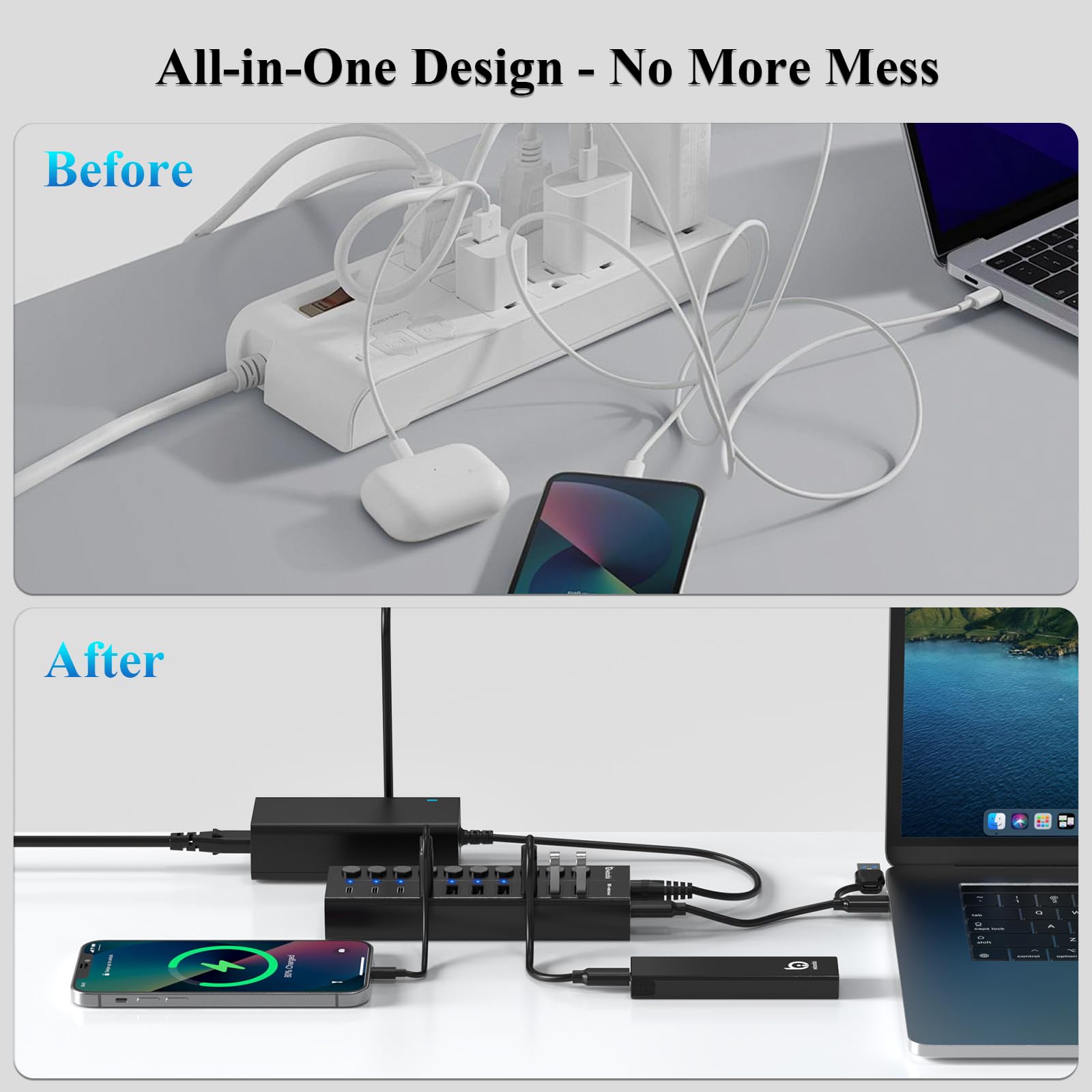 Hub USB alimentato, hub USB C a 10 porte con 6 porte USB-A 3.2, 4 porte USB-C 3.2, interruttori singoli e adattatore di alimentazione 12V/5A, prolunga USB in alluminio per MacBook, laptop/PC e altro