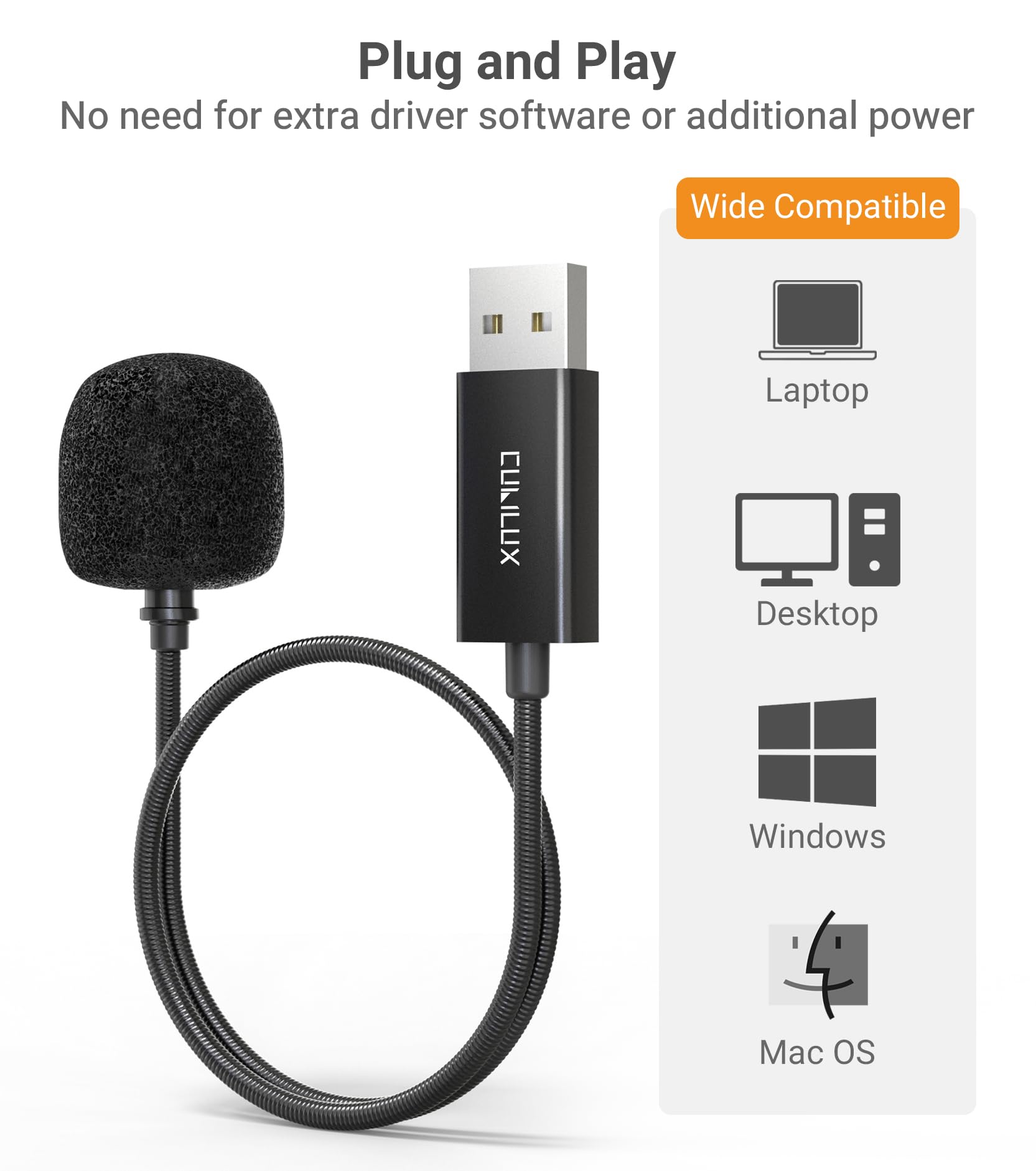 Cubilux Microfono a collo d'oca USB A, mini microfono esterno con braccio flessibile compatibile con laptop, microfono esterno da 1,05 m per laptop con design a collo di cigno di qualità forte Plug &