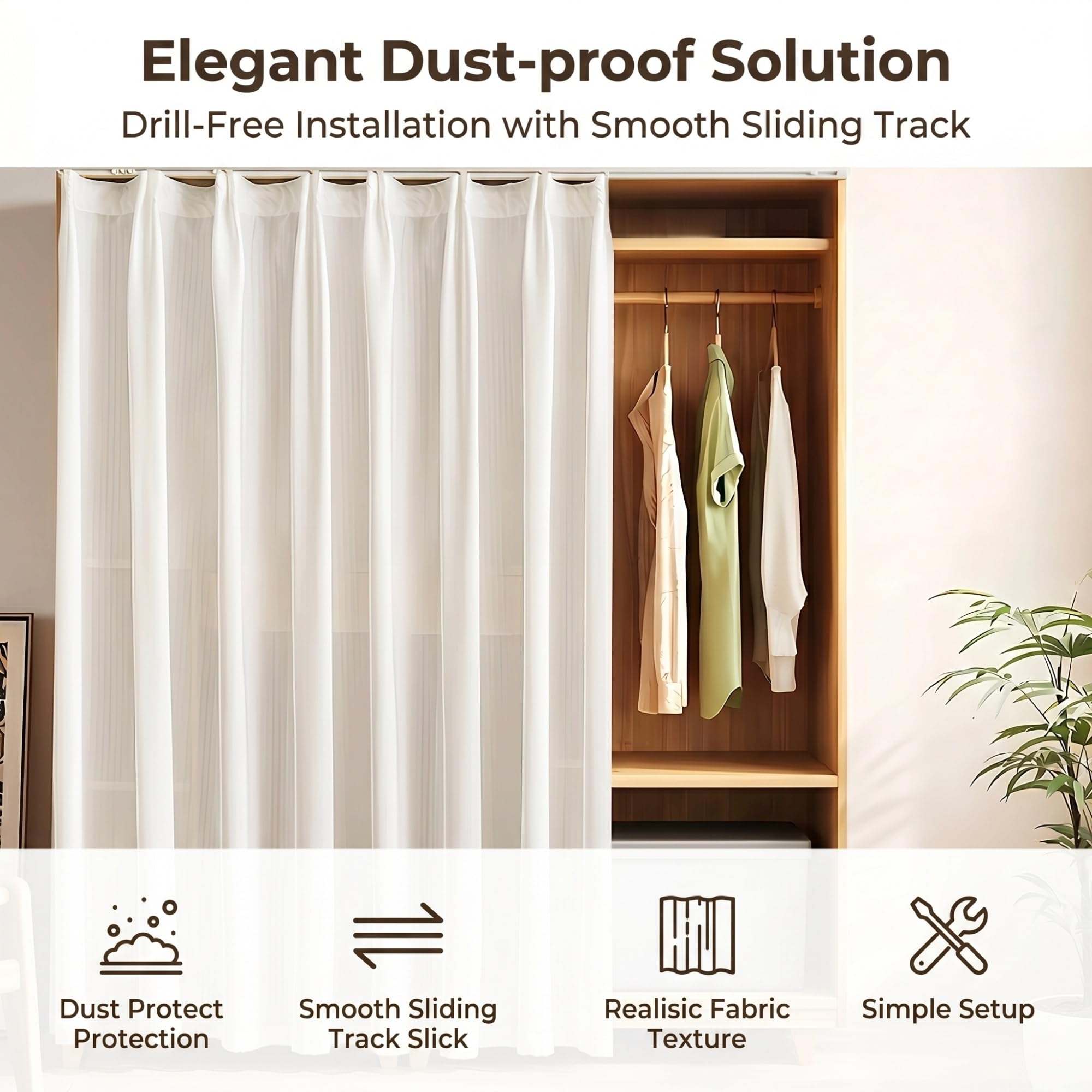 NEPHRA Rideau Placard Autocollant, Rideau sous Evier avec Rail Coulissant & sans Perçage, Rideau Cuisine en Gaze pour Armoires sans Portes, Machines à Laver & Penderies(White-D,200 x 200 cm)