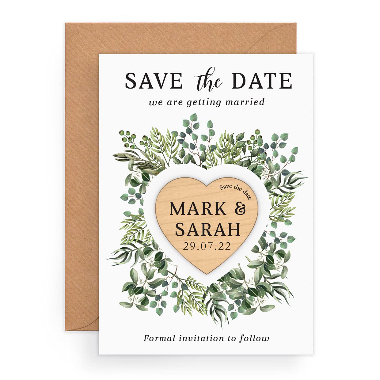 Personalised Botanicals Wedding Save the Date Cards and Magnets - Rustic Wooden Heart Save The Date Fridge Magnets - Boho Greenery Spring Summer Autumn Winter Wedding Stationary Invitations