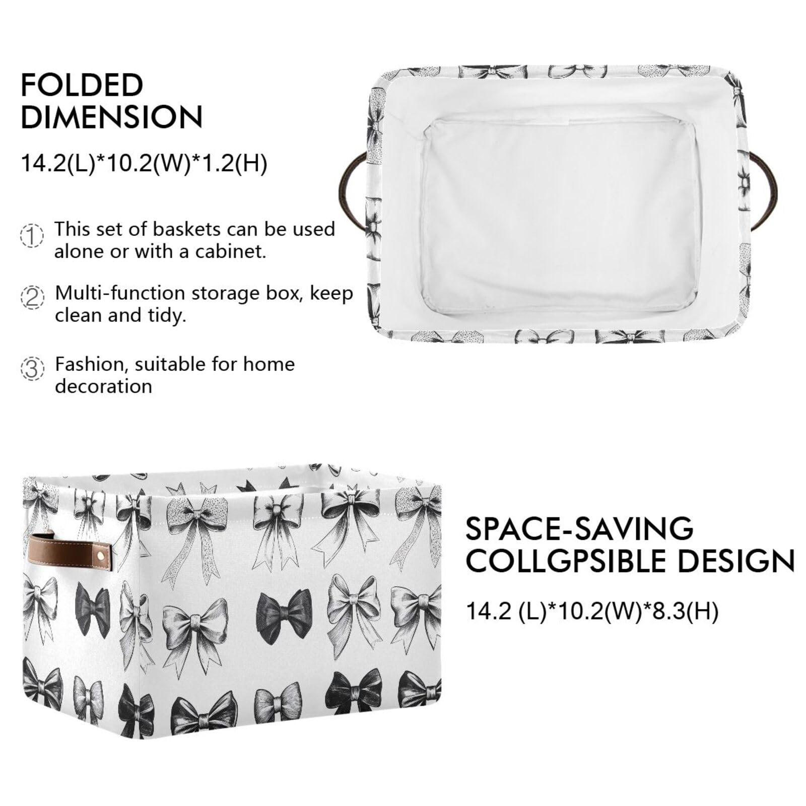 PaChyLuu Black and White Bows Storage Basket Bin Canvas Fabric Organizer Toys Basket with Handles for Home Office Nursery, Clothes, Gifts, 2 Pcs