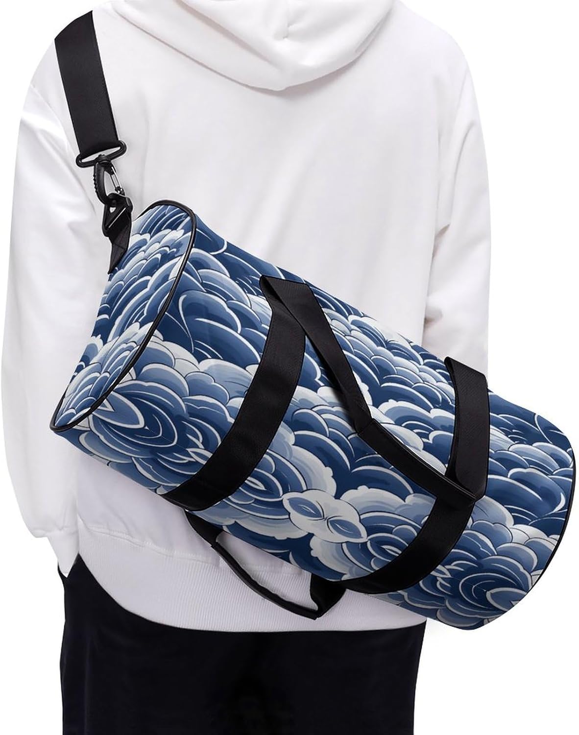 Aesthetic Sports Bag for Women Blue And White Printed Duffle Travel Bag for Men Women Mini Workout Bags Cylindrical Gym Bag