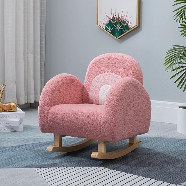 Kids Rocking Chair, Wooden Rocker Chair with Fluffy Cover for Boys Girls, Toddler Armchair with Foldable Backrest Children Sofa for Bedroom Living Room, Children's Furniture Gift for Ages 2-6, Pink