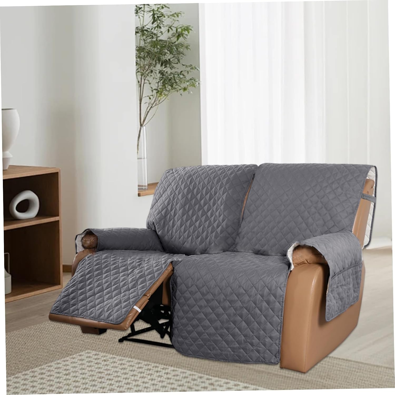 Loveseat Recliner Covers 2 Seater, Waterproof Loveseat Covers for 2 Cushion Couch, Non Slip Recliner Slipcover with Elastic Straps for Kids, Pets, Grey