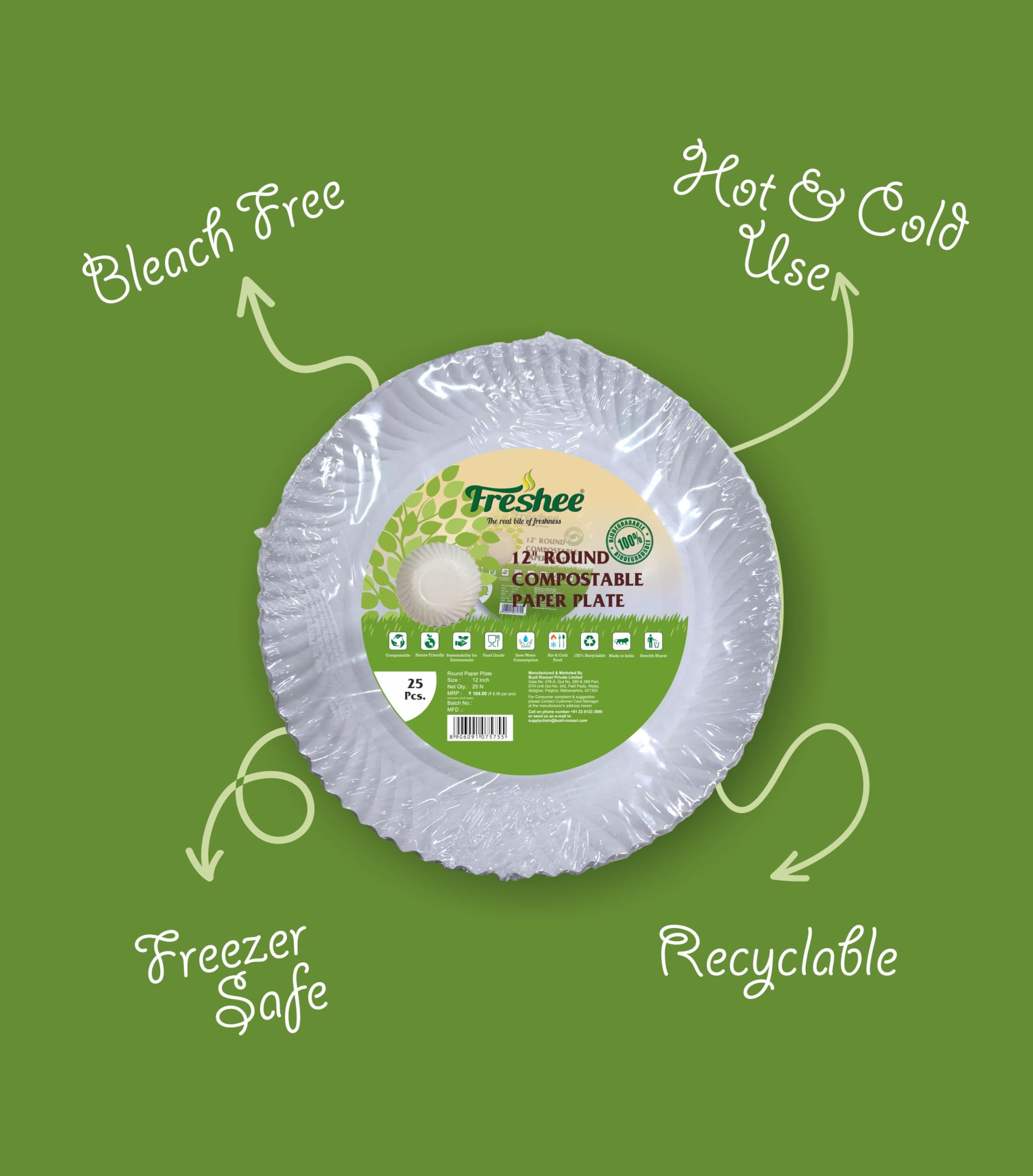 Freshee Paper Plates - 25 Pack, Compostable & Durable -3 Freshee Paper Plates - 25 Pack, Compostable & Durable -3