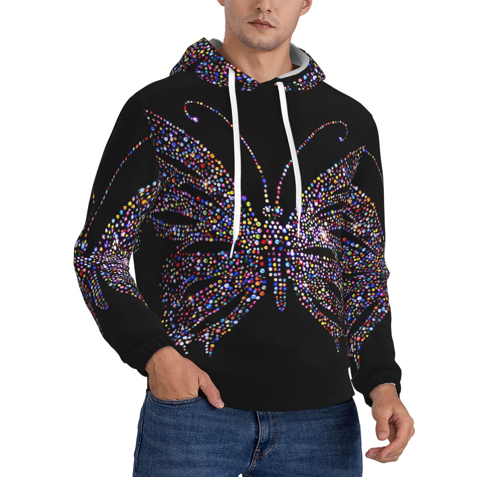 Sweat à capuche homme imprimé papillon strass pull polyester poche - 8