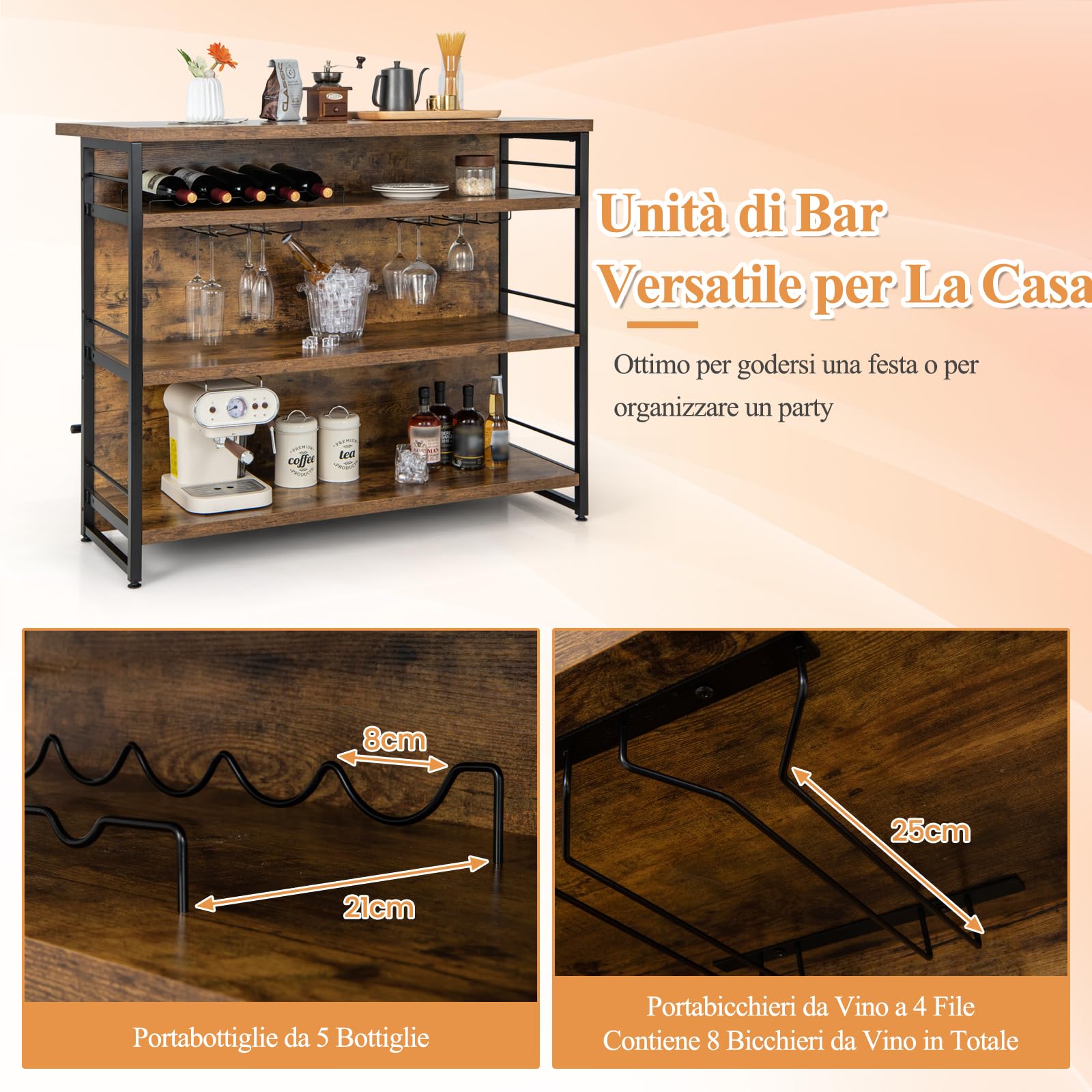 GYMAX Mobile Bar Industriale per Casa, Isola da Cucina a 4 Livelli con Ripiani, Portabottiglie, Porta Calici, con Poggiapiedi Lungo, Perfetto per Angolo Bar di Casa, Bar, Ristorante (Marrone)