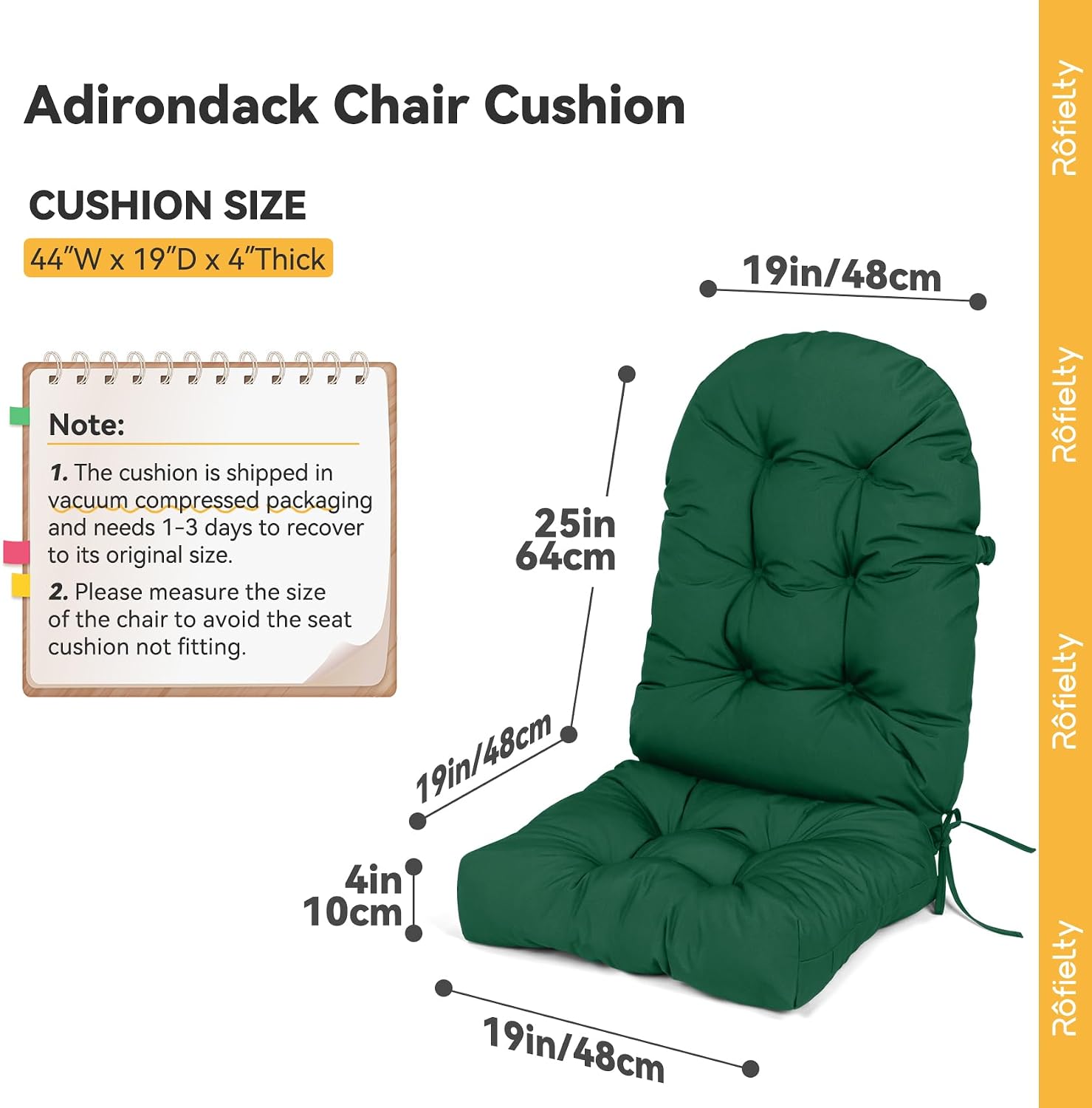 ROFIELTY UV Resistant Indoor/Outdoor Chair Cushion - Waterproof Rocking & Adirondack Seat Pad with Elastic Back + 2 Anti-Slip Ties, Fade-Proof Design (Green)