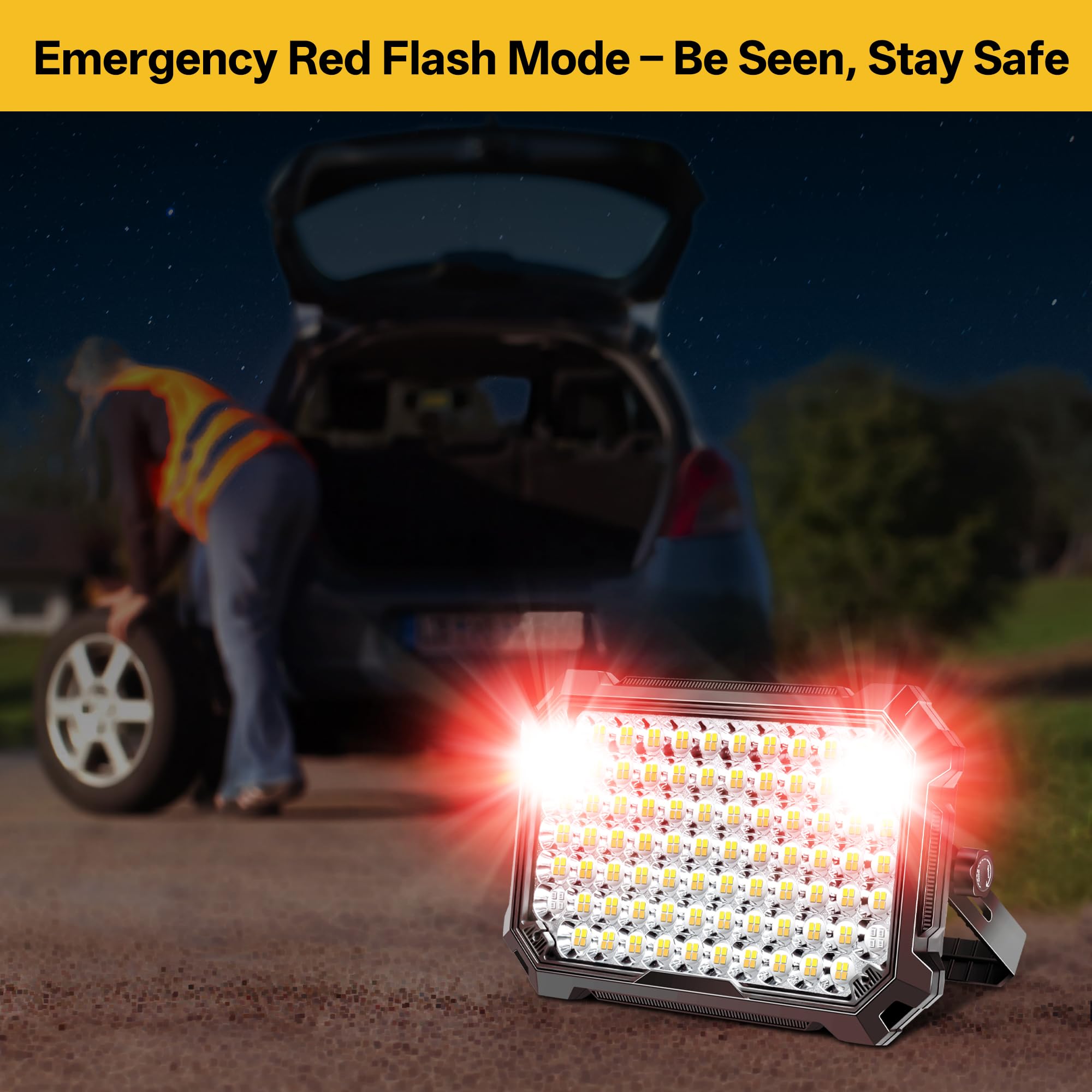 Luz de trabajo LED recargable de 12000 mAh, luces de camping al aire libre, luz de inundación de 10000 lm como banco de energía, luces de emergencia de flash rojo IP65 impermeable, soporte