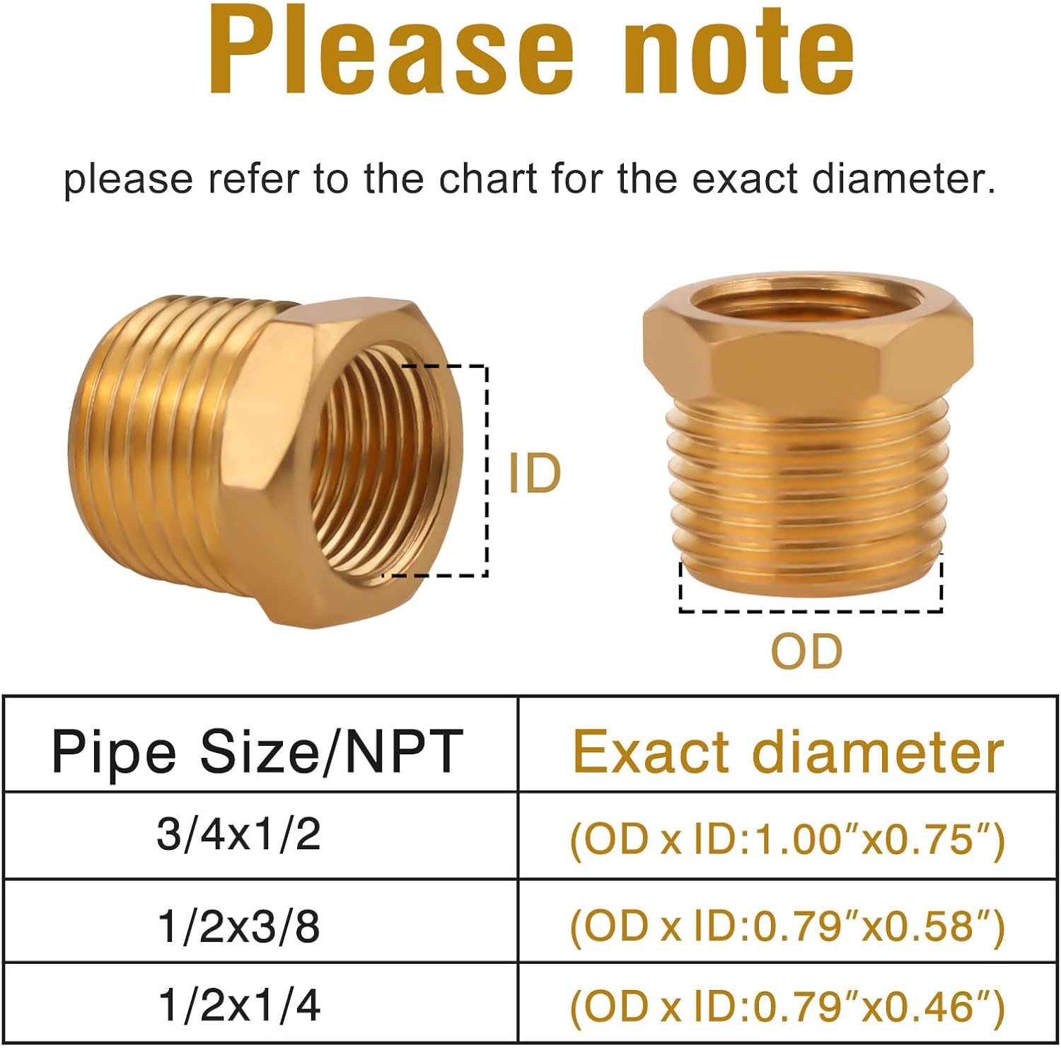 Brass Reducer Hex Bushing, NPT 1/2 Male to NPT 3/8 Female Thread Reducing Adapter for Water Line Gas Oil Air Hose Fuel Pipe Fitting 2PCS