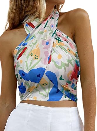 HYPERFIRE Womens Sexy Criss Cross Halter Sleeveless Wrap Front Backless Cami Crop Top Clubbing