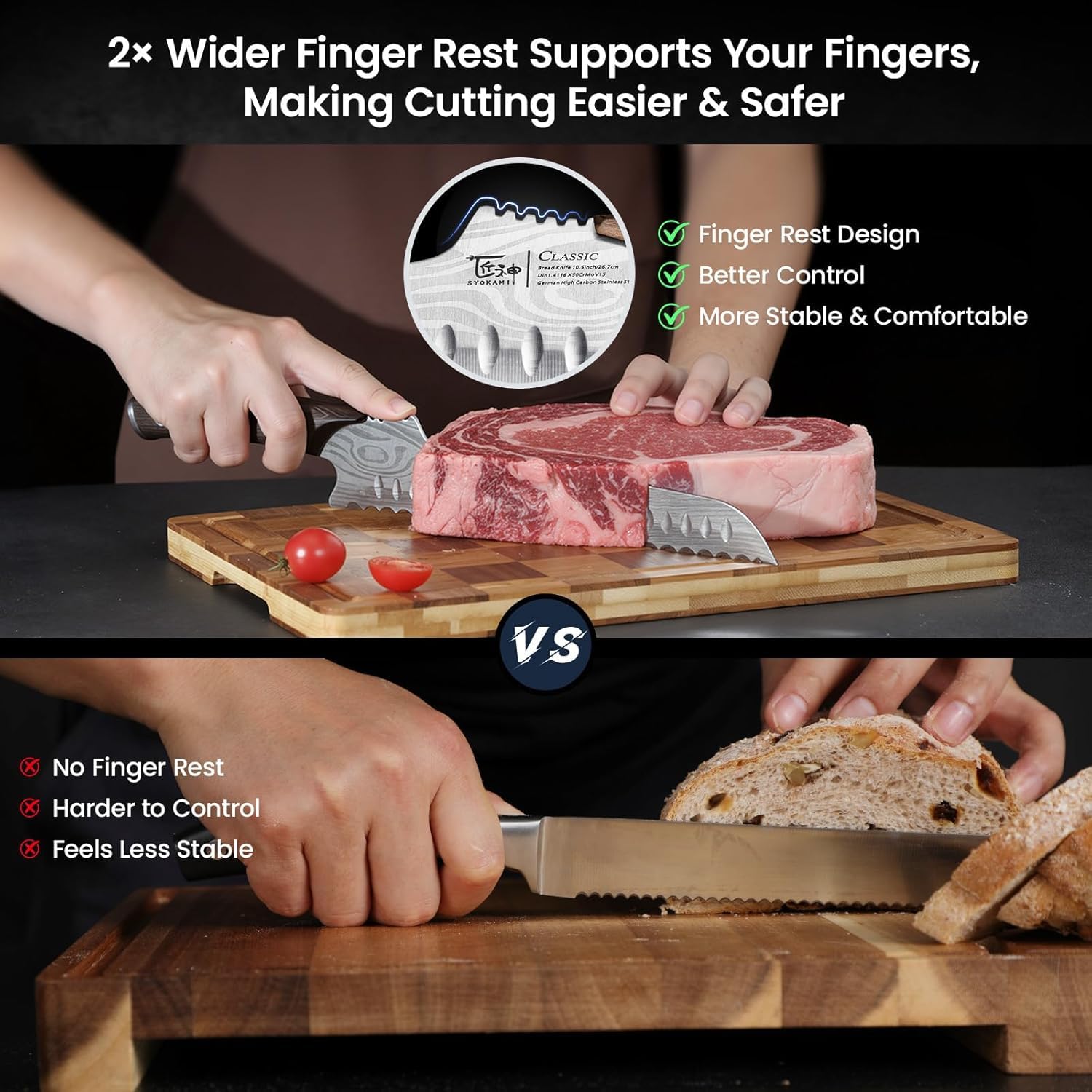 SYOKAMI Offset Brotmesser für selbstgebackenes Brot, 26,7cm Nachschärfbares Brotmesser Wellenschliff, Ultrascharf zum Schneiden von Sauerteig, Ideal zum Schneiden von Kuchen, Obst und Fleisch