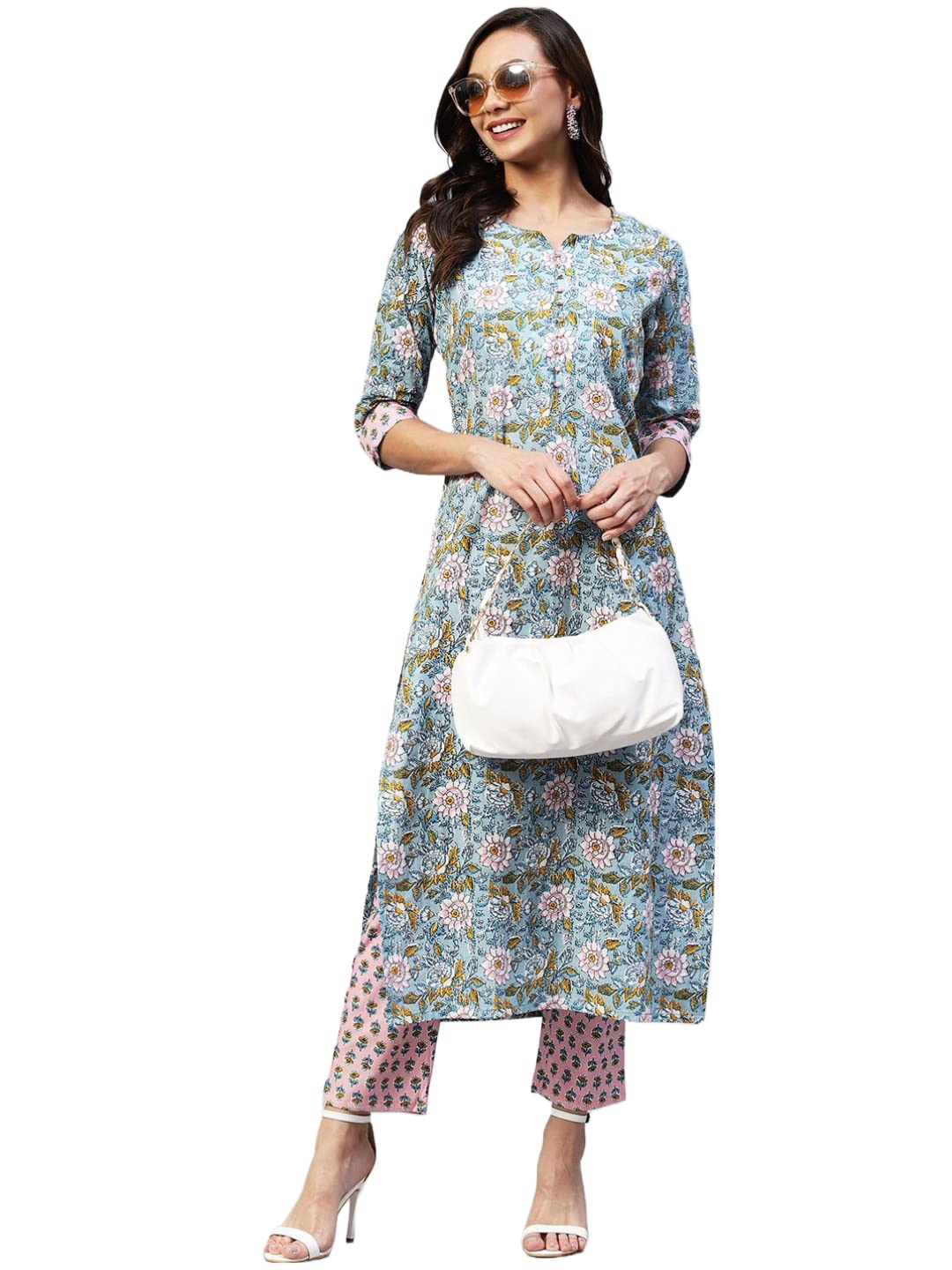 ANNI DESIGNER Women's Cotton Blend Straight Printed Kurta With Pant