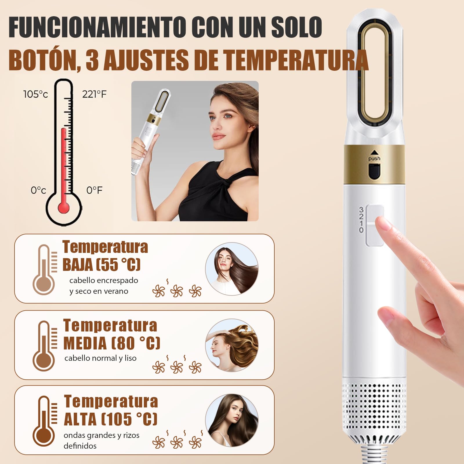 6 en 1 Cepillo Secador de Pelo,Air - Styler- Brush 1000W,Cepillo de Aire Caliente Set, Elimina El Frizz, 3 Temperaturas, cepillo electrico Pelo, cepillo Alisador, Rizador, Voluminizador (Blanco)