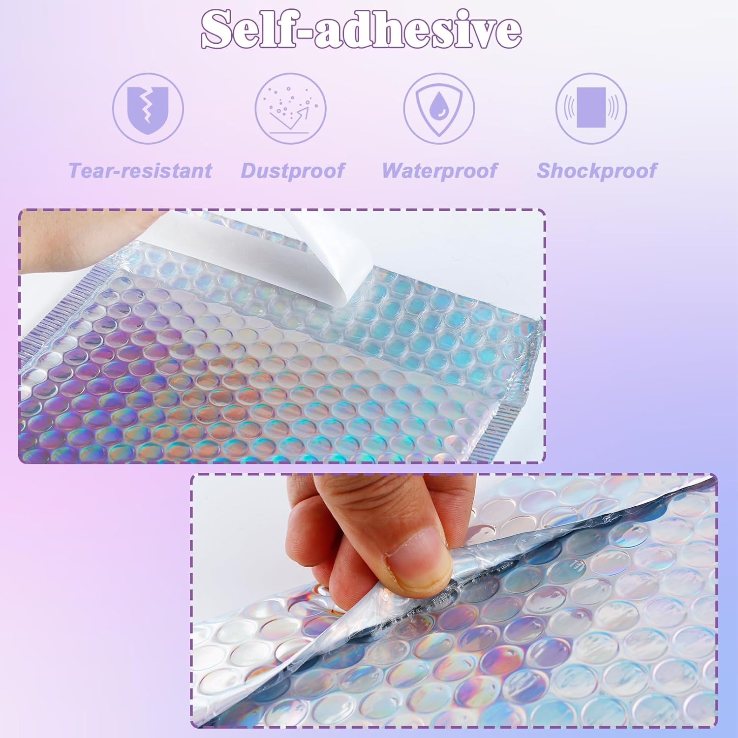 50 Pcs Metallic Bubble Mailers, 3 Sizes Holographic Bubble Mailers, Poly Padded Envelopes, Waterproof Self Seal Adhesive Shipping Bags, Cushion Envelopes for Packing, Mailing, Small Business