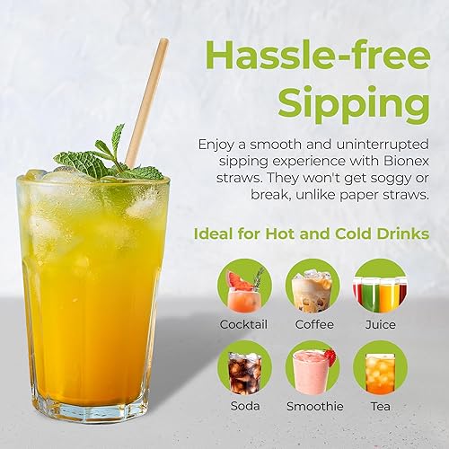 Miniatura 4 de Bionex - Nuevas pajitas de caña de azúcar biodegradables, (paja de 8 pulgadas de longitud), (100 pajitas/caja) alternativa al plástico