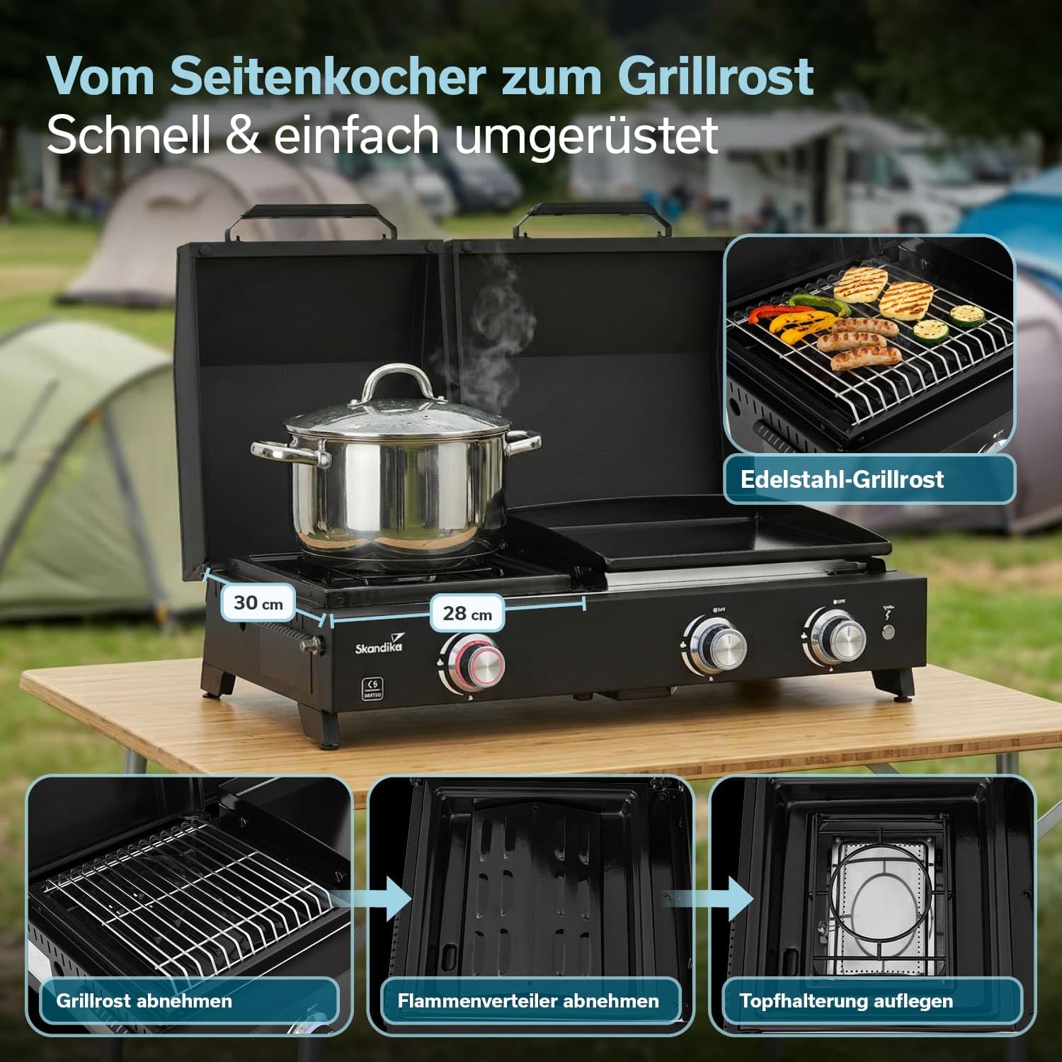 Skandika Plancha Grill Eldur 3-Brenner Plus | Grillplatte mit Deckel, 3 Brenner, tragbarer Gasgrill mit Kochplatte, Outdoor, Camping | Gasplancha, Grillplancha, Gasbräter, Balkongrill, Tischgrill