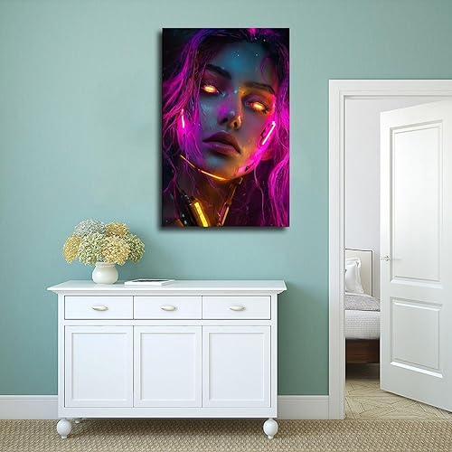 Miniatura 4 de XAHOR Neon Cyberpunk Woman Wall Art Vibrant Retro Futuristic Digital Portrait Poster Canvas Wall Art Print Poster For Home School Office Decor