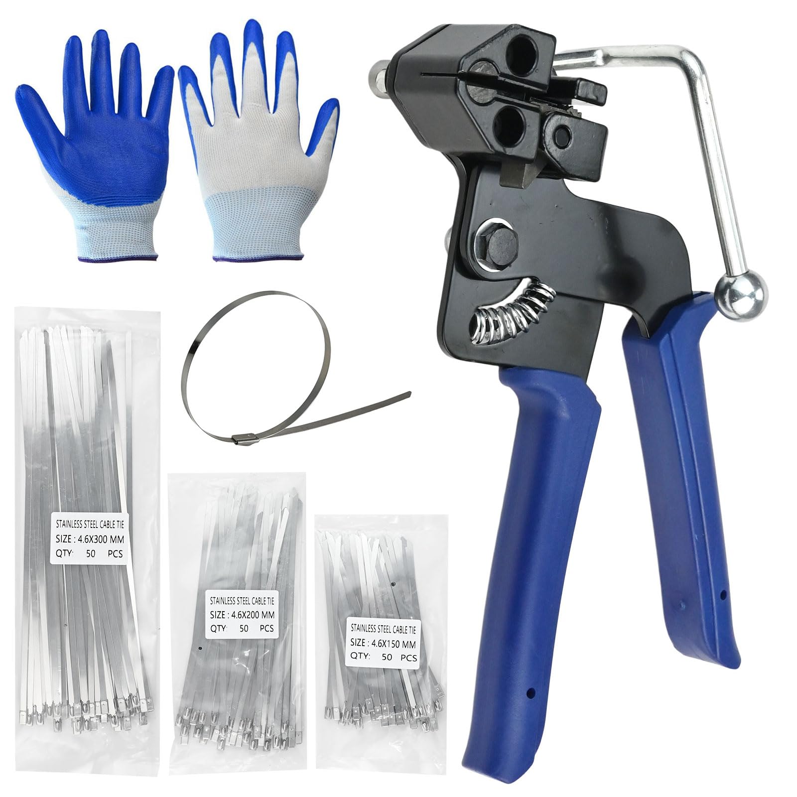 Metal Zip Tie Gun with 150 PCS Stainless Steel Cable Ties, Heavy Duty Cable Tie Tool Set and Steel Zip Tie Tool with Work Gloves and Storage Bag for Exhaust Heat Wrap, Fences & Pipes