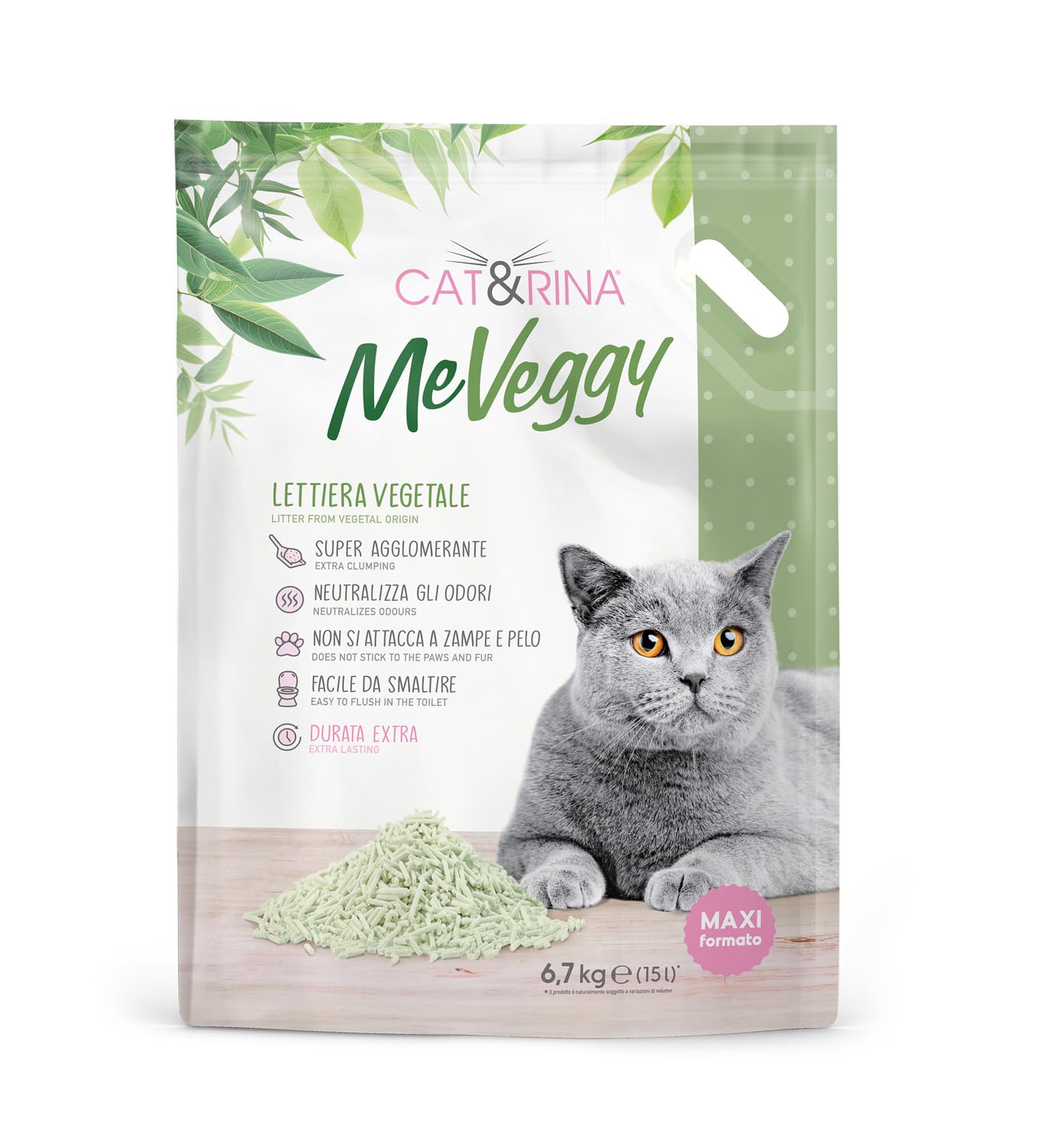 Cat&rina MeVeggy Lettiera Vegetale per Gatti da 15L di lunga durata. Sabbia Naturale e Agglomerante, smaltibile nell'organico o nel WC. Neutralizza gli odori e non si attacca a zampe e pelo.