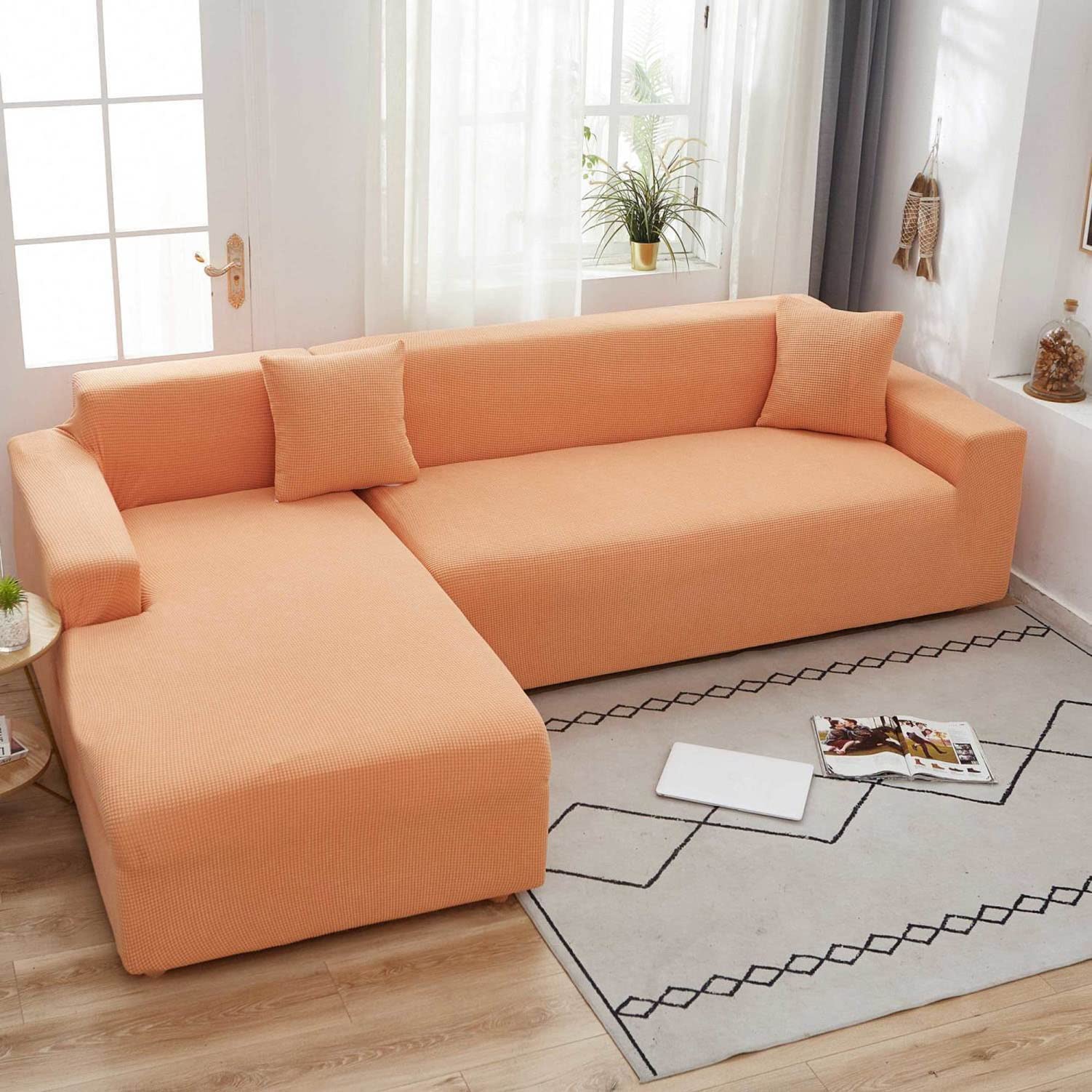Housse de canapé sectionnelle en L orange extensible 3 places pour angle